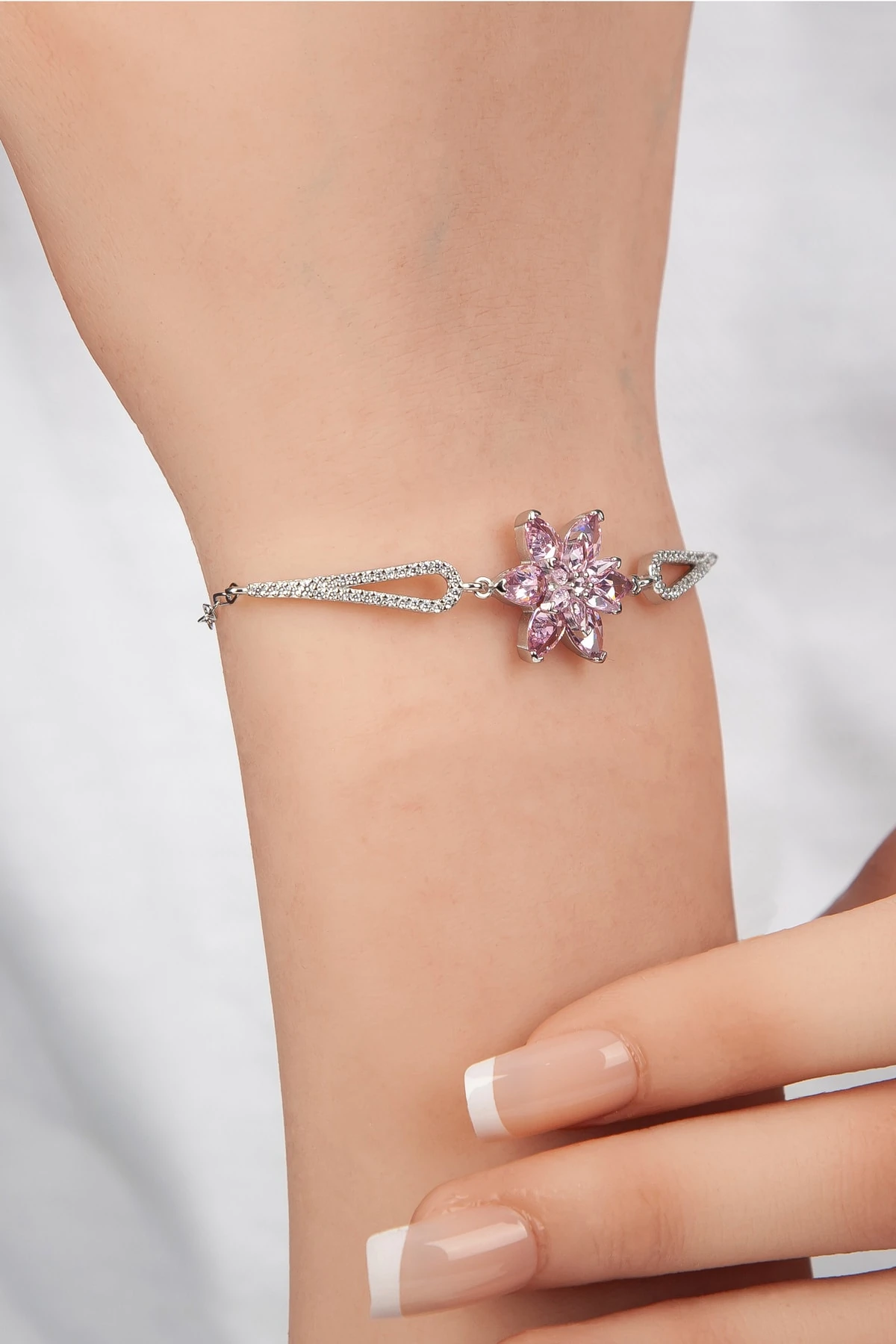 Pembe Taşlı Rodaj Lotus Çiçeği Bileklik-925 Ayar Gümüş