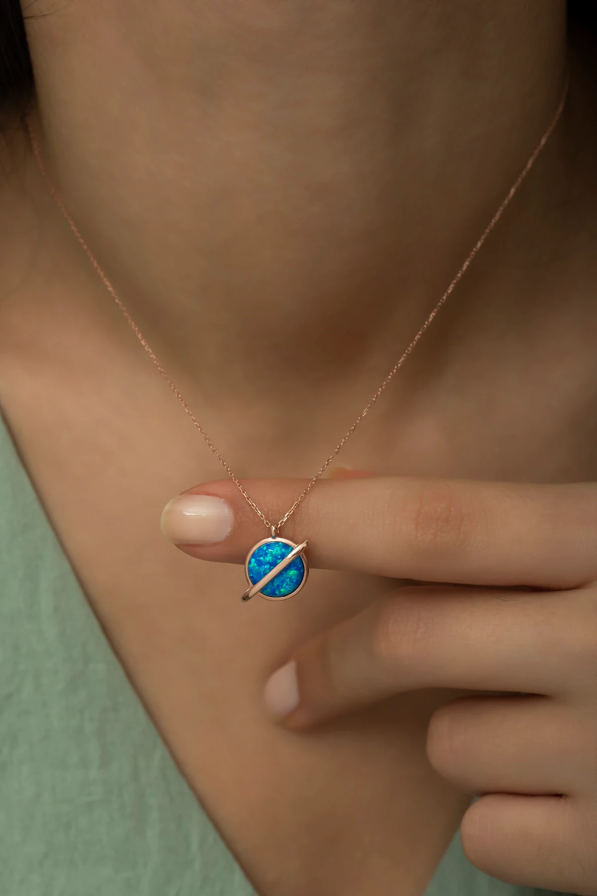 Opal Mavi Taşlı Rose Gezegen Kolye 925 Ayar Gümüş