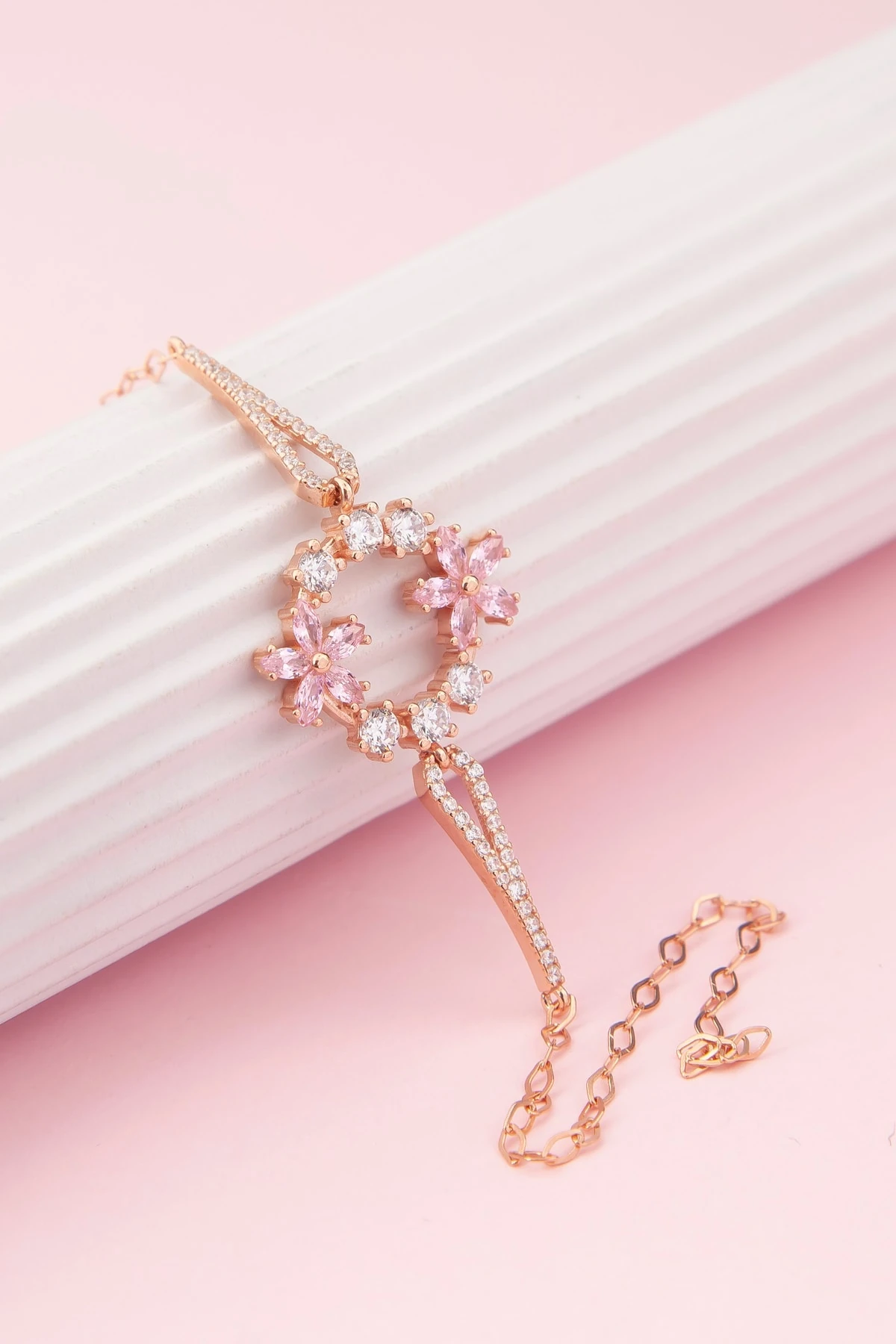 Pembe Taşlı Unutma Beni Çiçeği Rose Bileklik-925 Ayar Gümüş