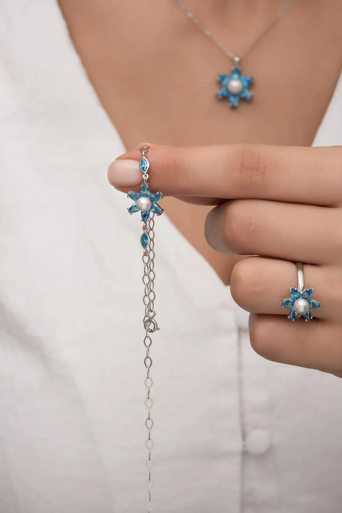 Incili Lotus Akuamarin Taşlı Rodaj Bileklik-925 Ayar Gümüş