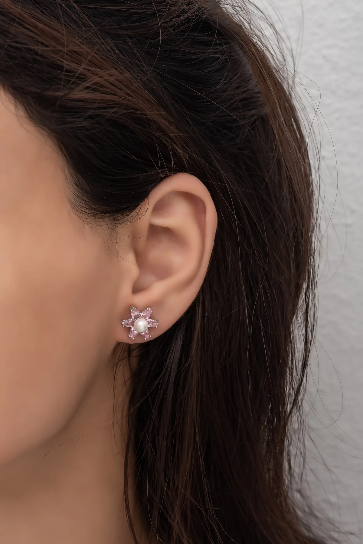 Incili Lotus Pembe Taşlı Rodaj Küpe-925 Ayar Gümüş