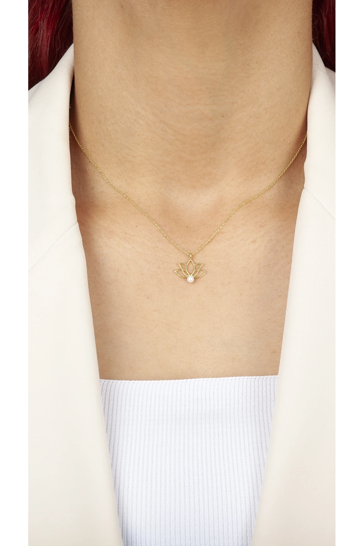 İncili Lotus Çiçeği Gold Kolye- 925 Ayar Gümüş