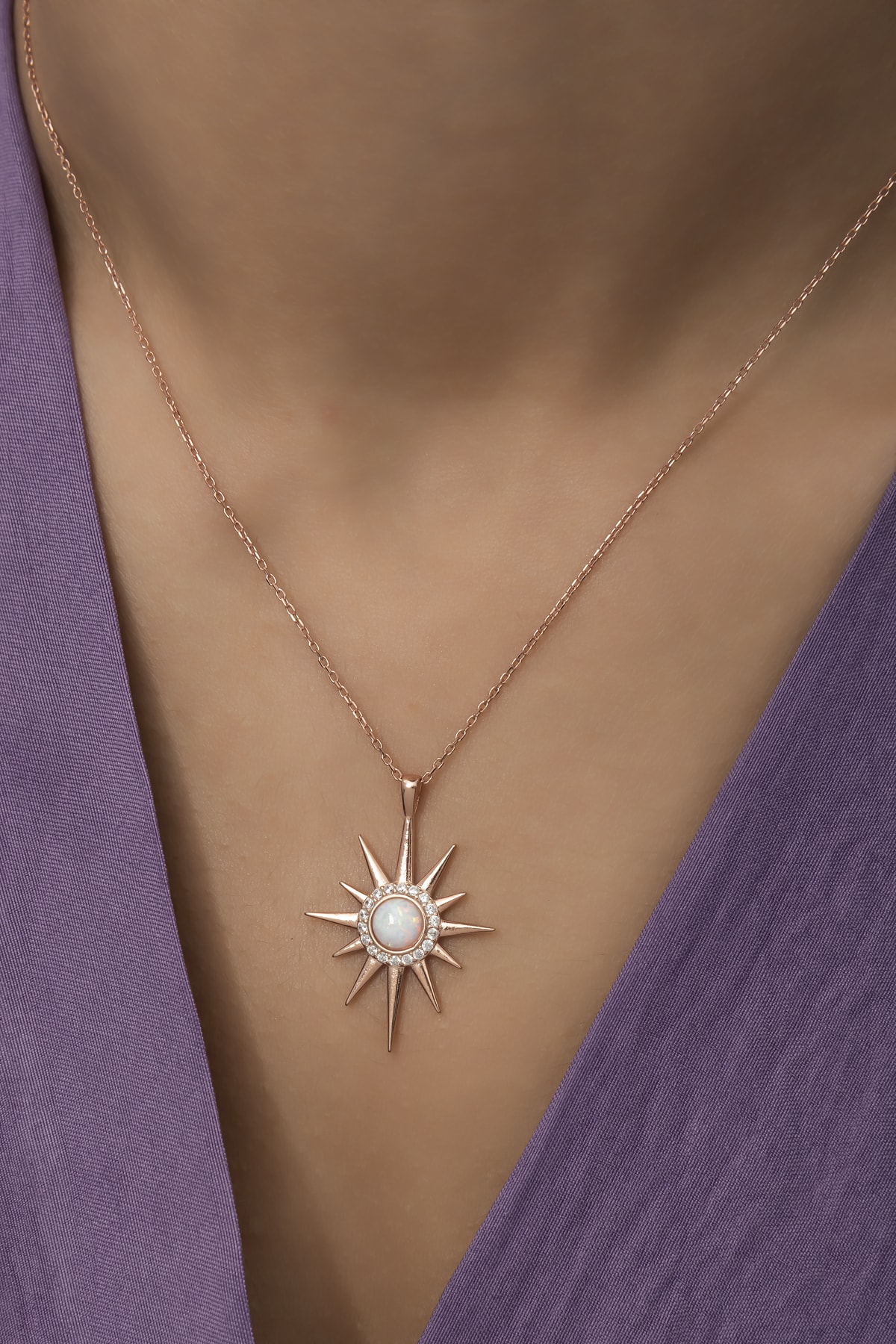 Opal Beyaz Taşlı Kutup Yıldızı Kolye-925 Ayar Gümüş