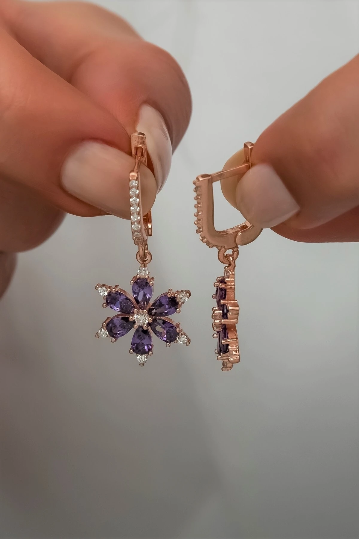 Ametist Taşlı Yıldız Çiçeği Küpe-925 Ayar Gümüş