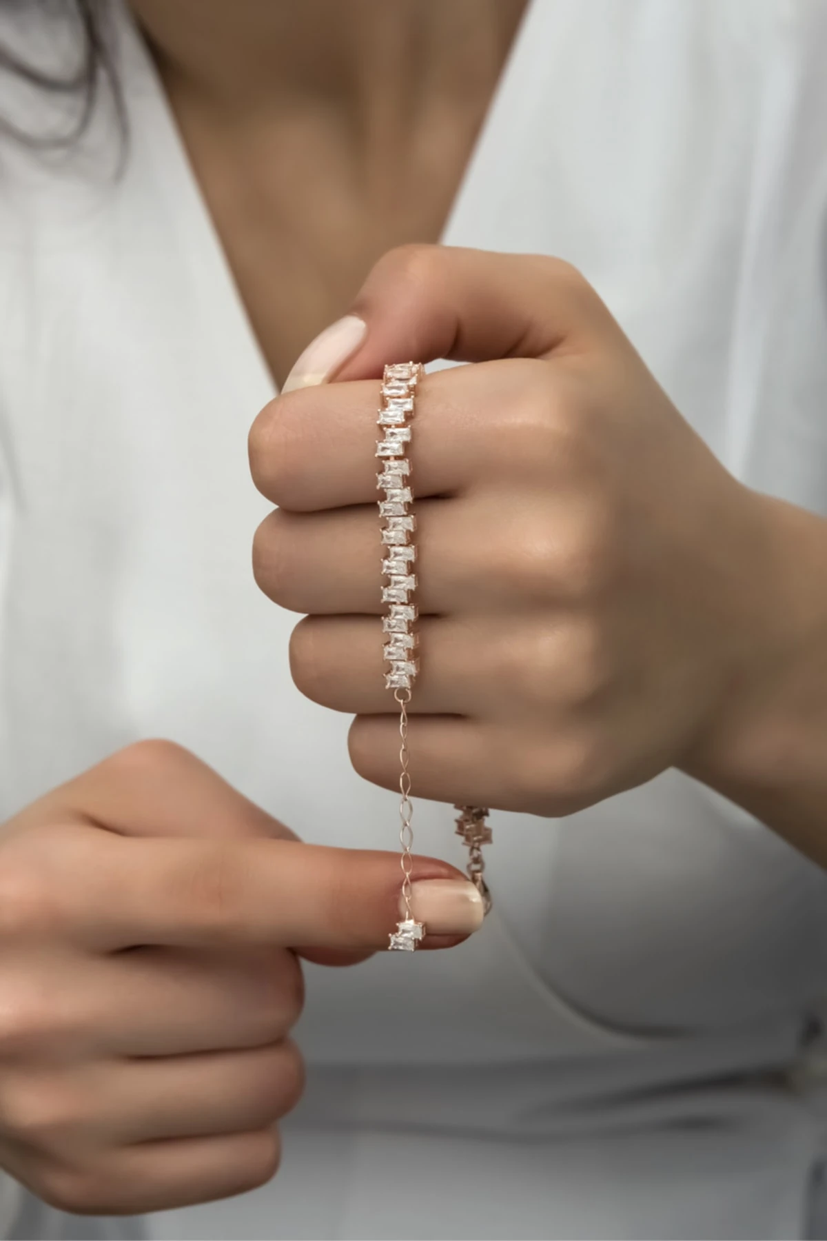 Baget Taşlı Rose Bileklik 925 Ayar Gümüş