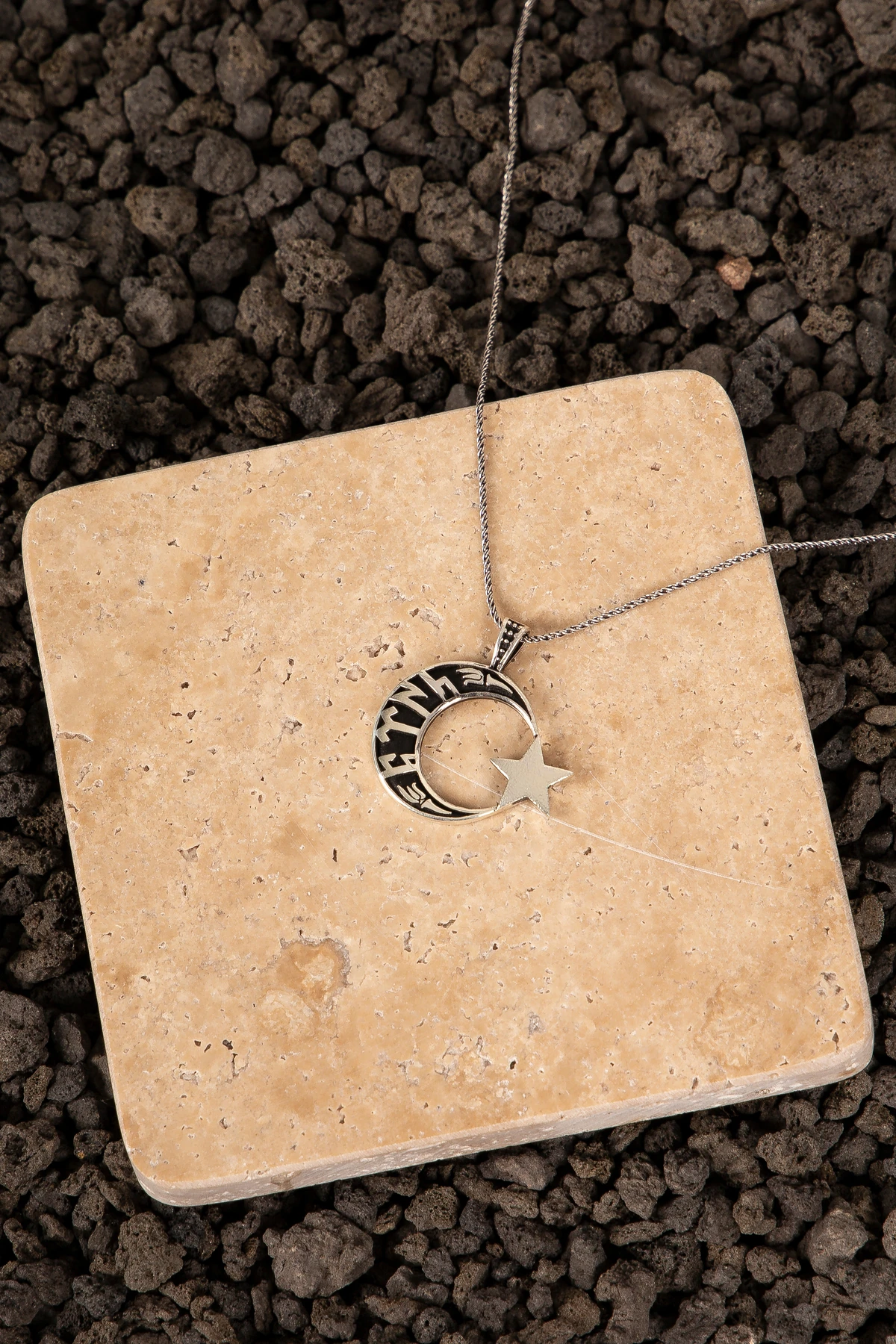 GÜMÜŞ TÜRK YAZILI AY YILDIZ ERKEK KOLYE