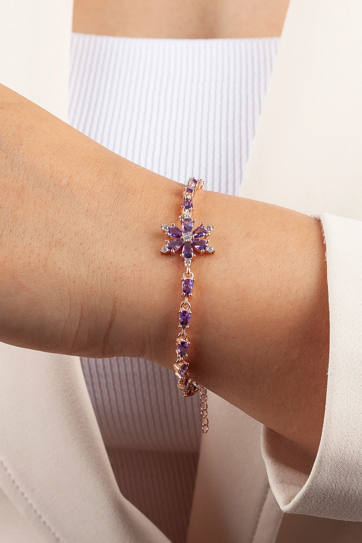 GÜMÜŞ AMETİST TAŞLI YILDIZ ÇİÇEĞİ ROSE BİLEKLİK 925 Ayar