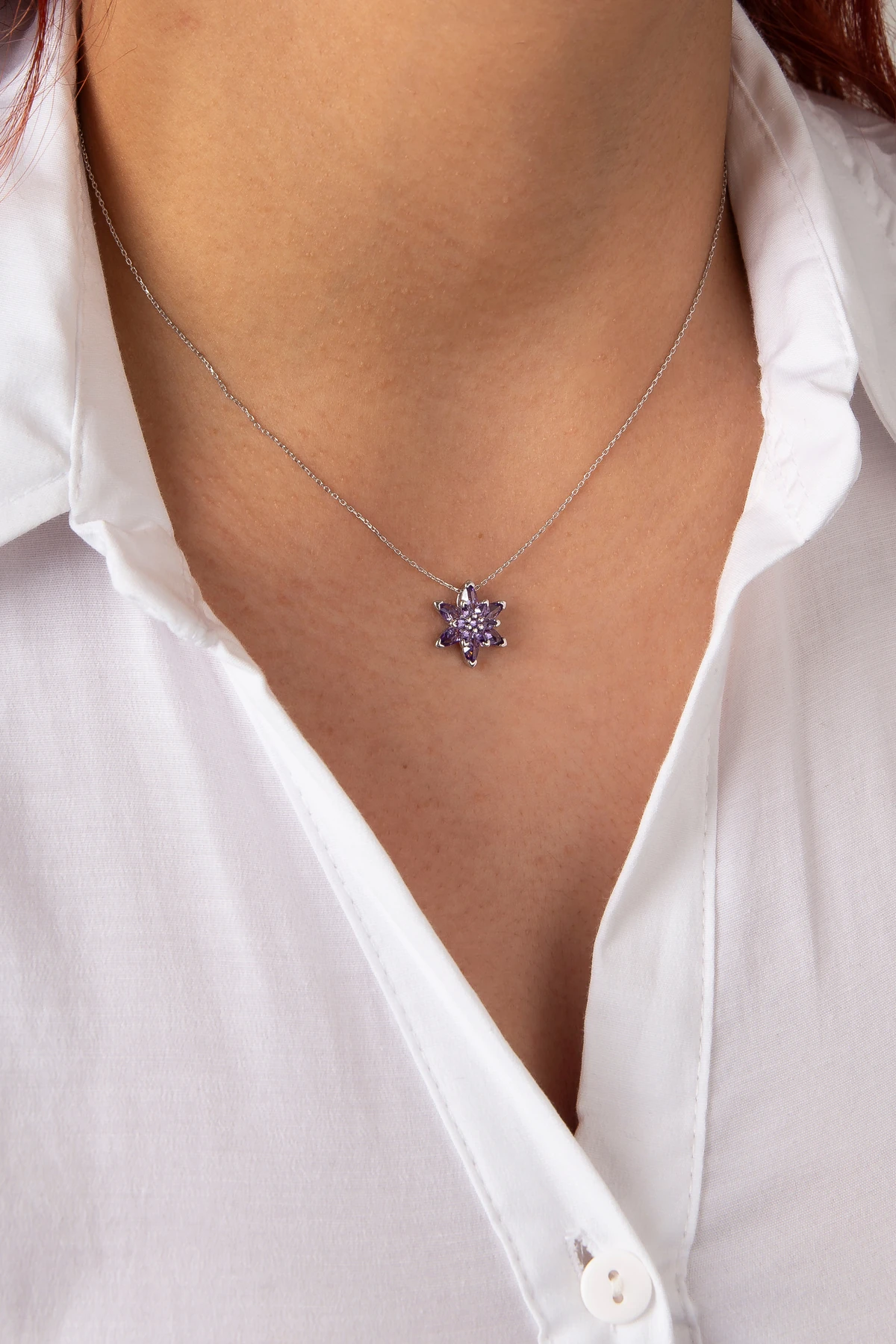 Gümüş Ametist Taşlı Minimal Rodaj Lotus Çiçeği Kolye