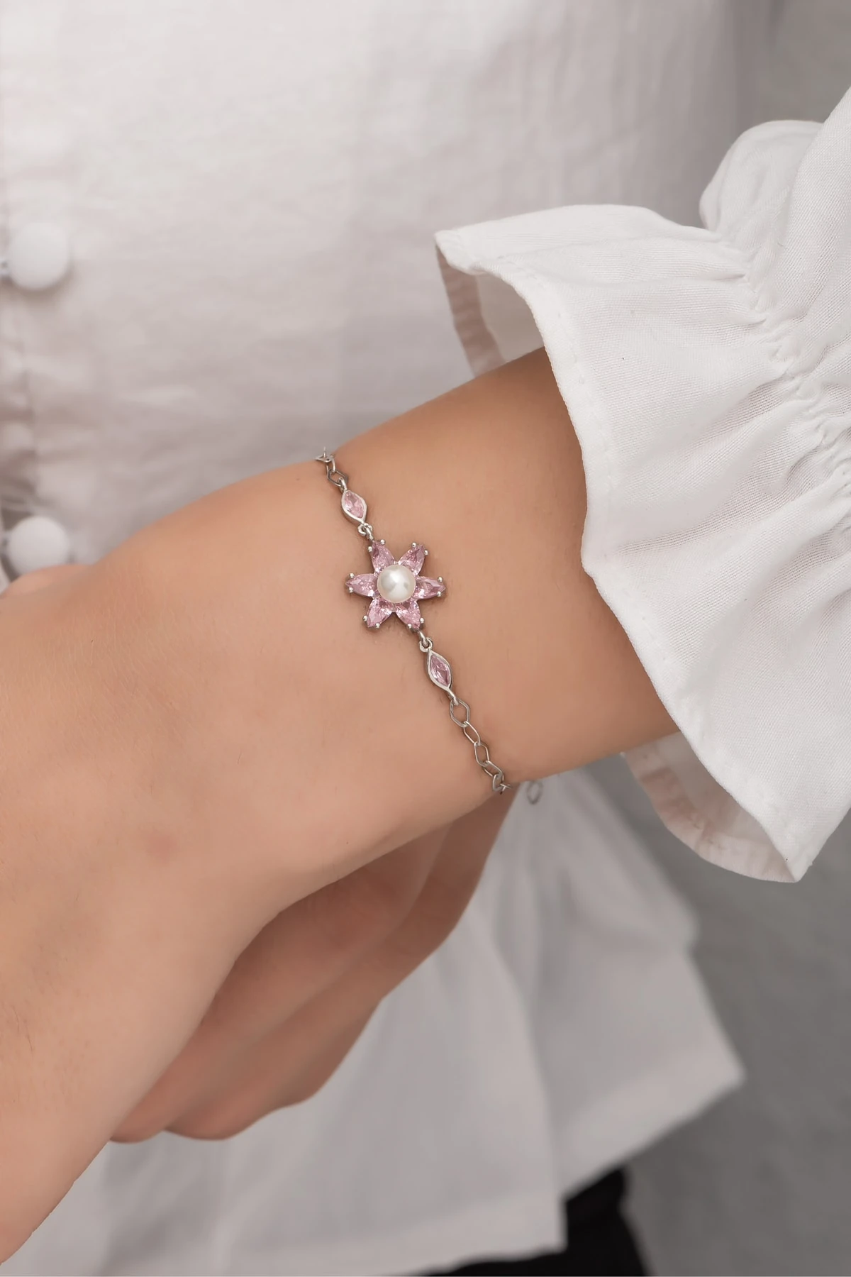 Incili Lotus Pembe Taşlı Rodaj Bileklik-925 Ayar Gümüş