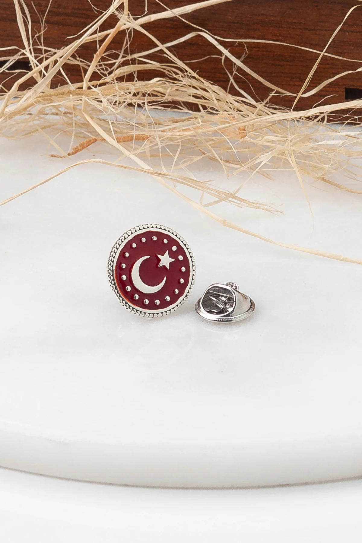 Gümüş 925 Ayar Ay Yıldız Zirkon Taşlı Yaka Rozeti