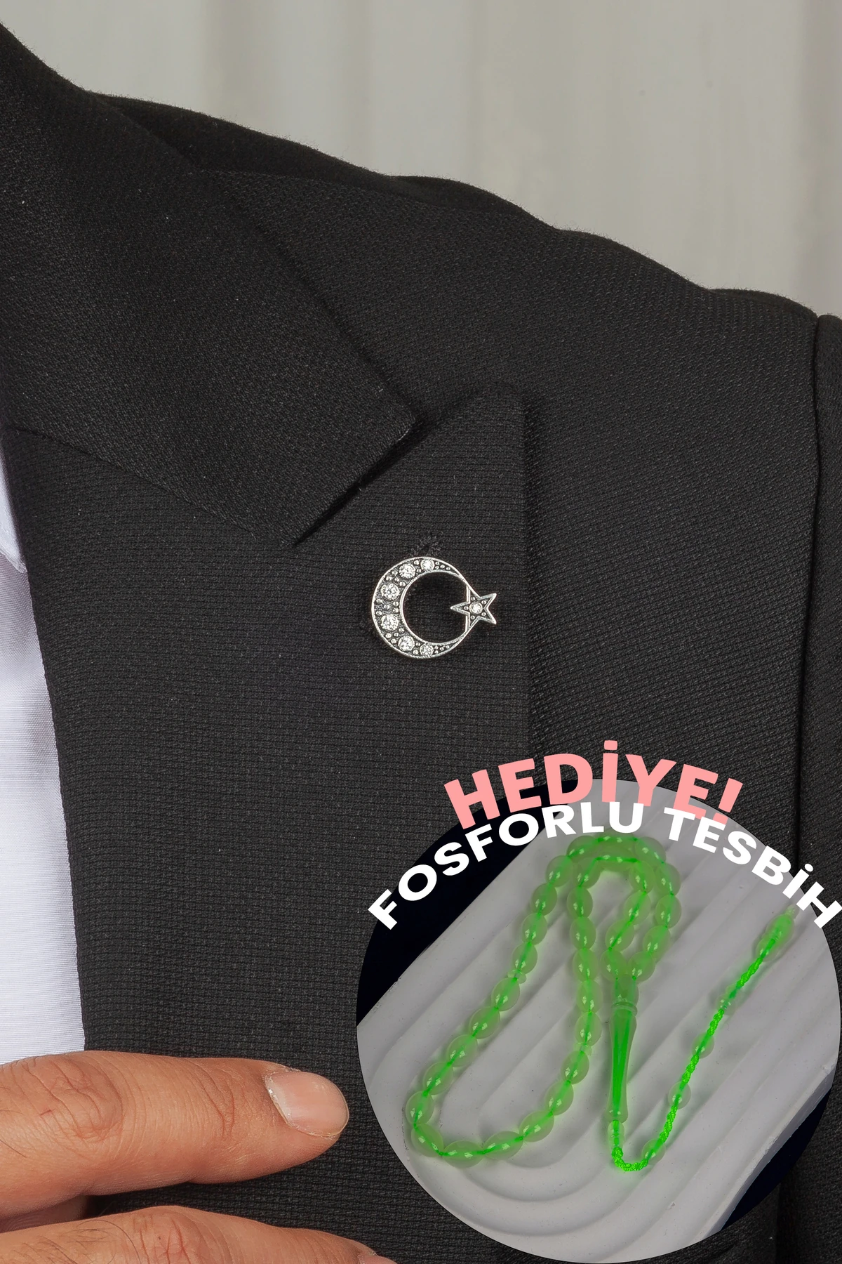 Gümüş 925 Ayar Zirkon Taşlı Ay Yıldız Yaka Rozeti