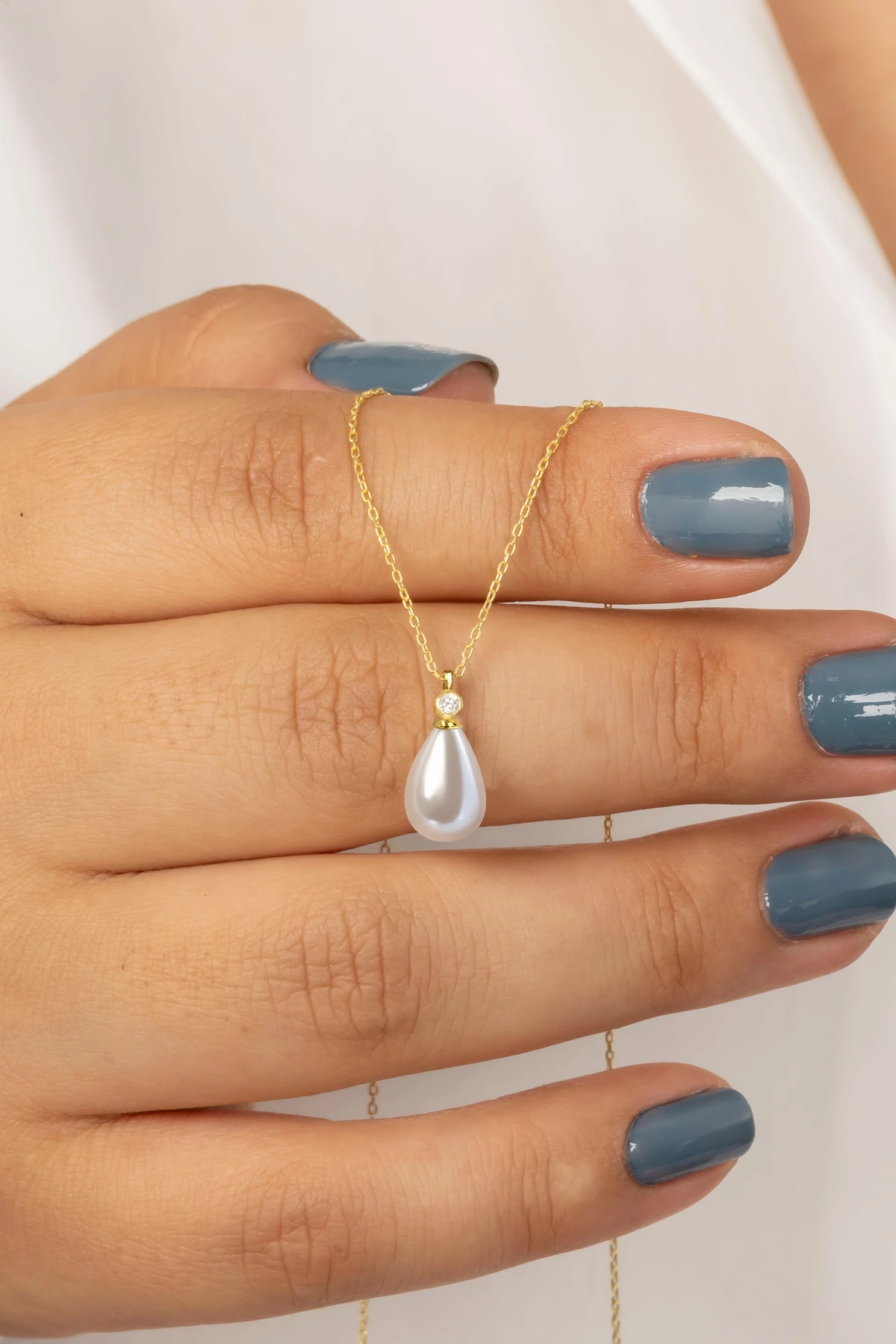 Gümüş Damla Model Kadın İnci Gold Kolye 8x12 mm