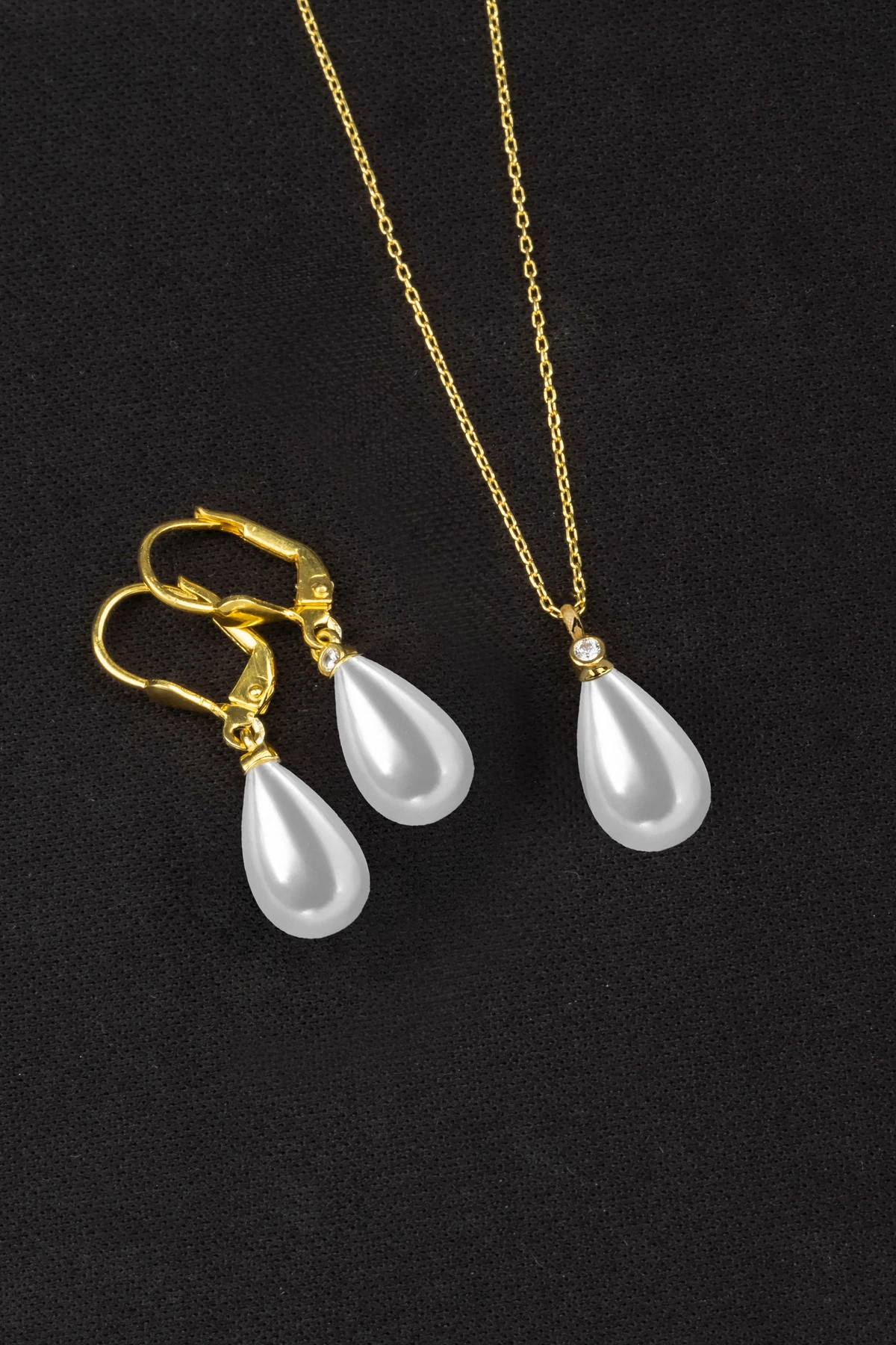 Gümüş Kadın Gold 2'li Set İnci Kolye Ve Mengeç Küpe 8x12 mm