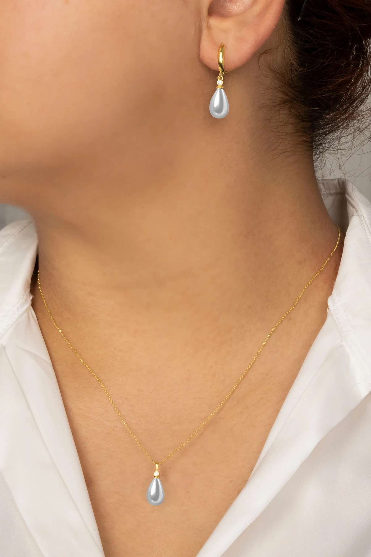 Gümüş Kadın Gold 2'li Set İnci Kolye Ve Halka Küpe 8x12 mm