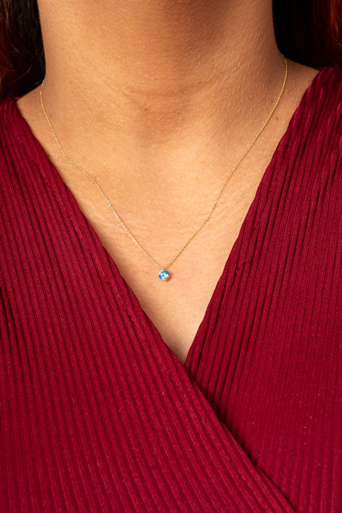 Gümüş Minimal Akuamarin Taşlı Gold Tek Taş Kolye