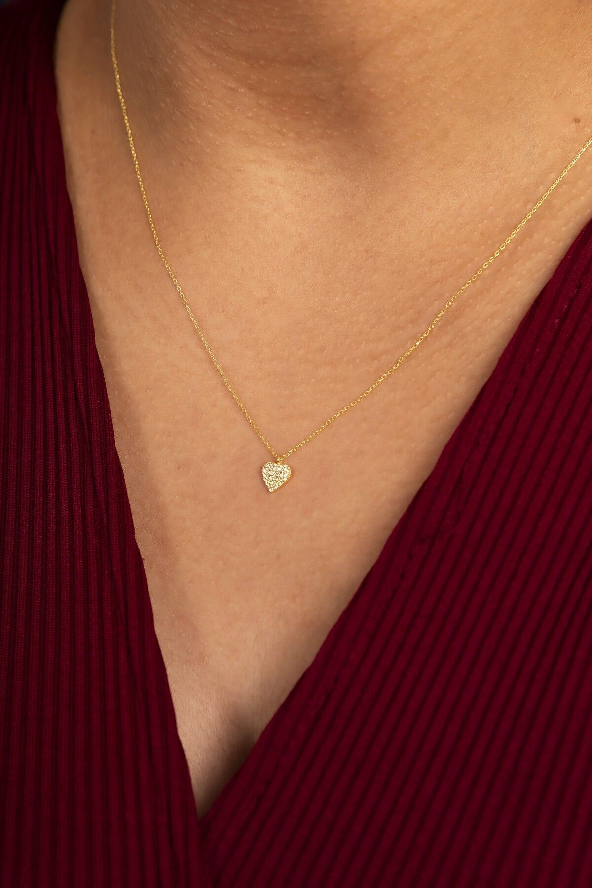 Gümüş Zirkon Taşlı Minimal Kalp Gold Kolye