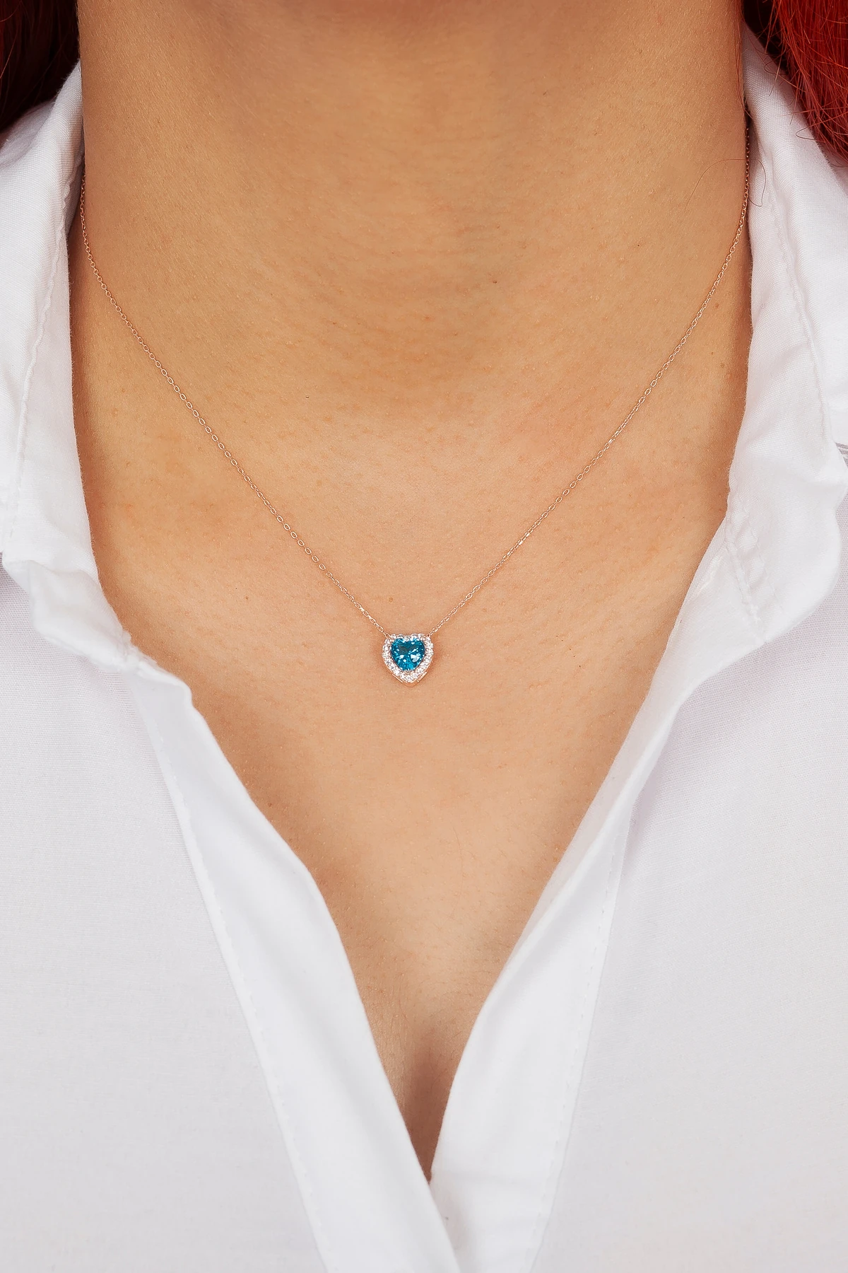 925 AYAR GÜMÜŞ ROSE AKUAMARİN TAŞLI KALP KOLYE