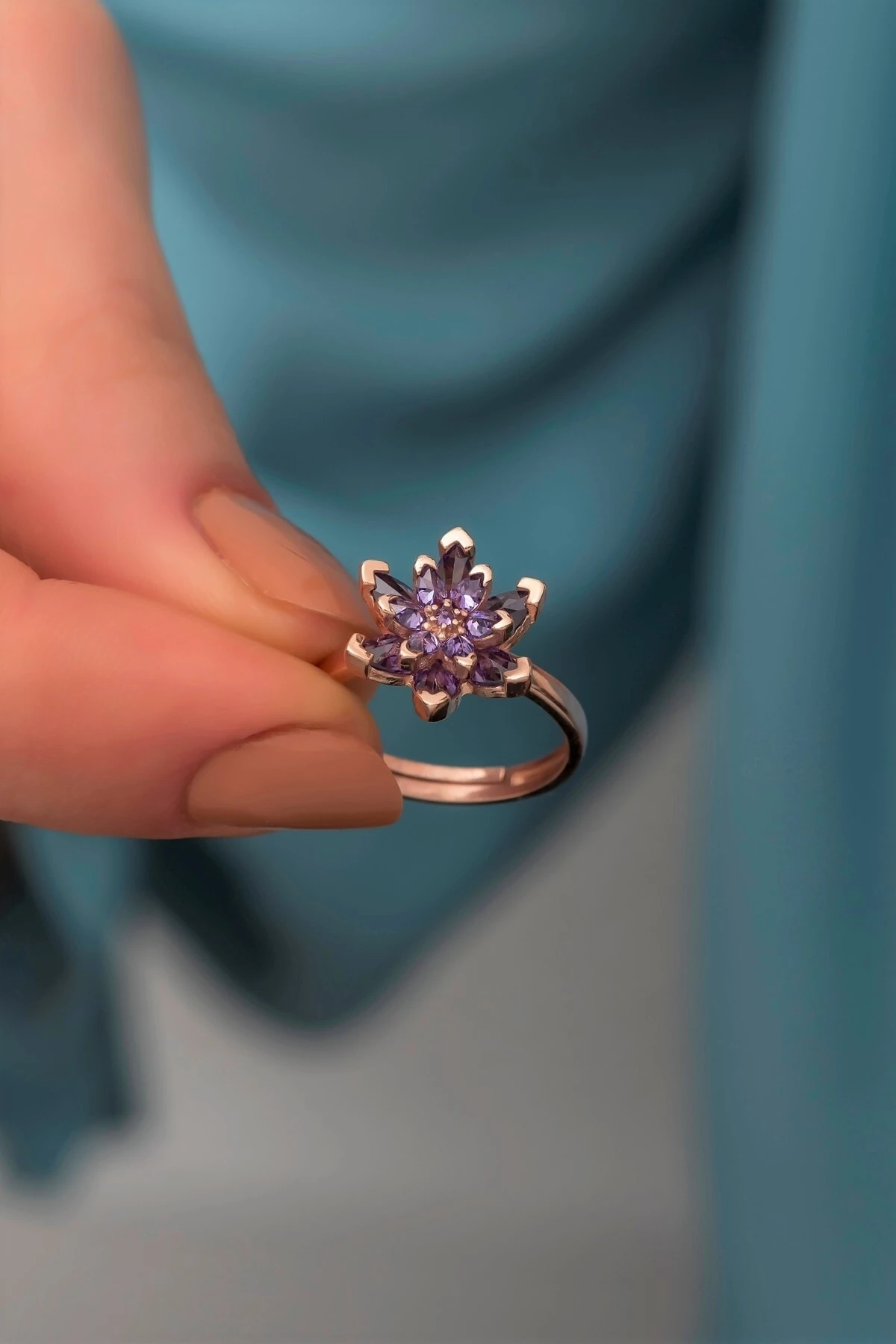 Ametist Taşlı Lotus Çiçeği Yüzük 925 Ayar Gümüş