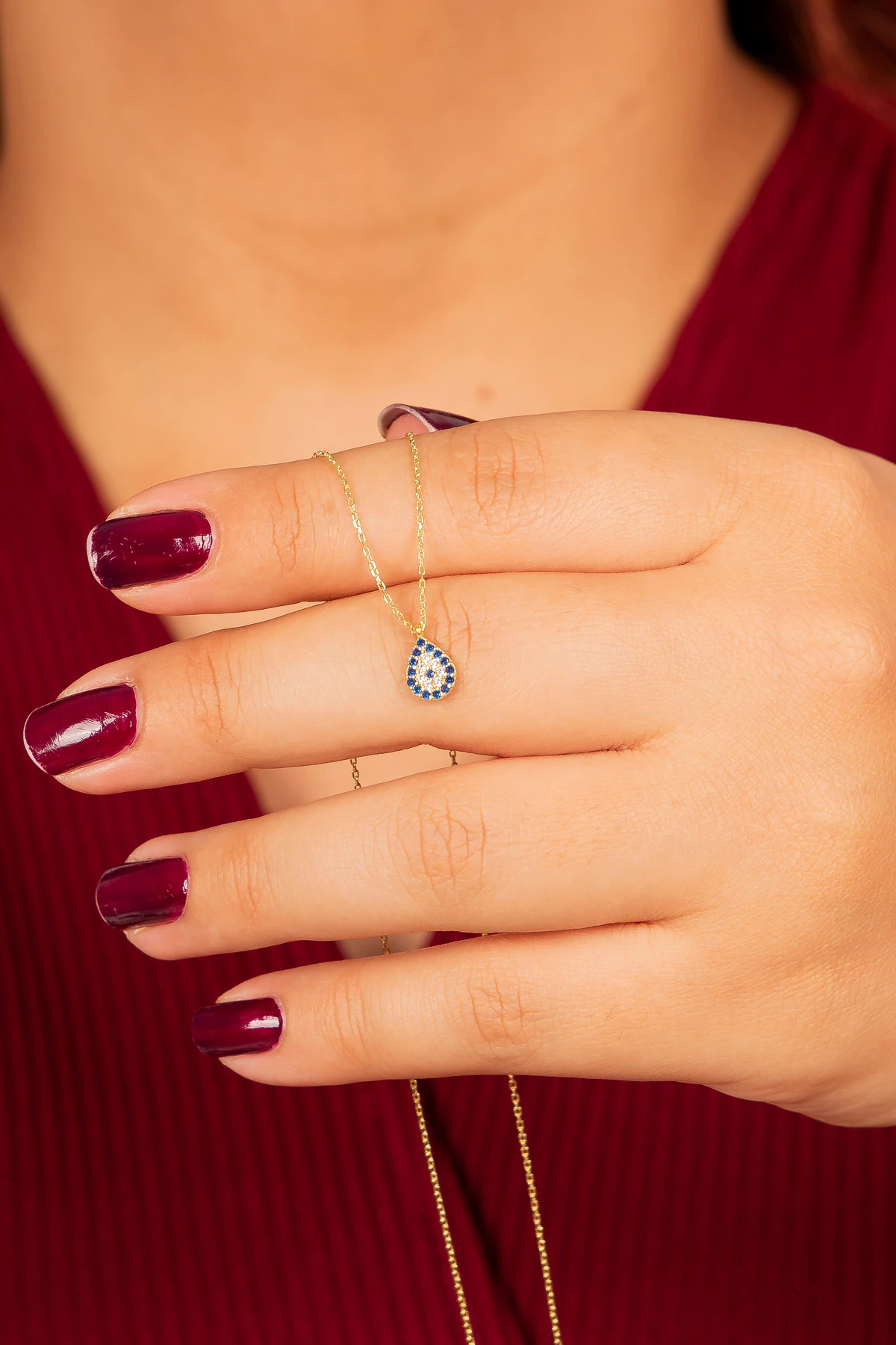 Gümüş Zirkon Taşlı Minimal Damla Nazarlı Gold Kolye