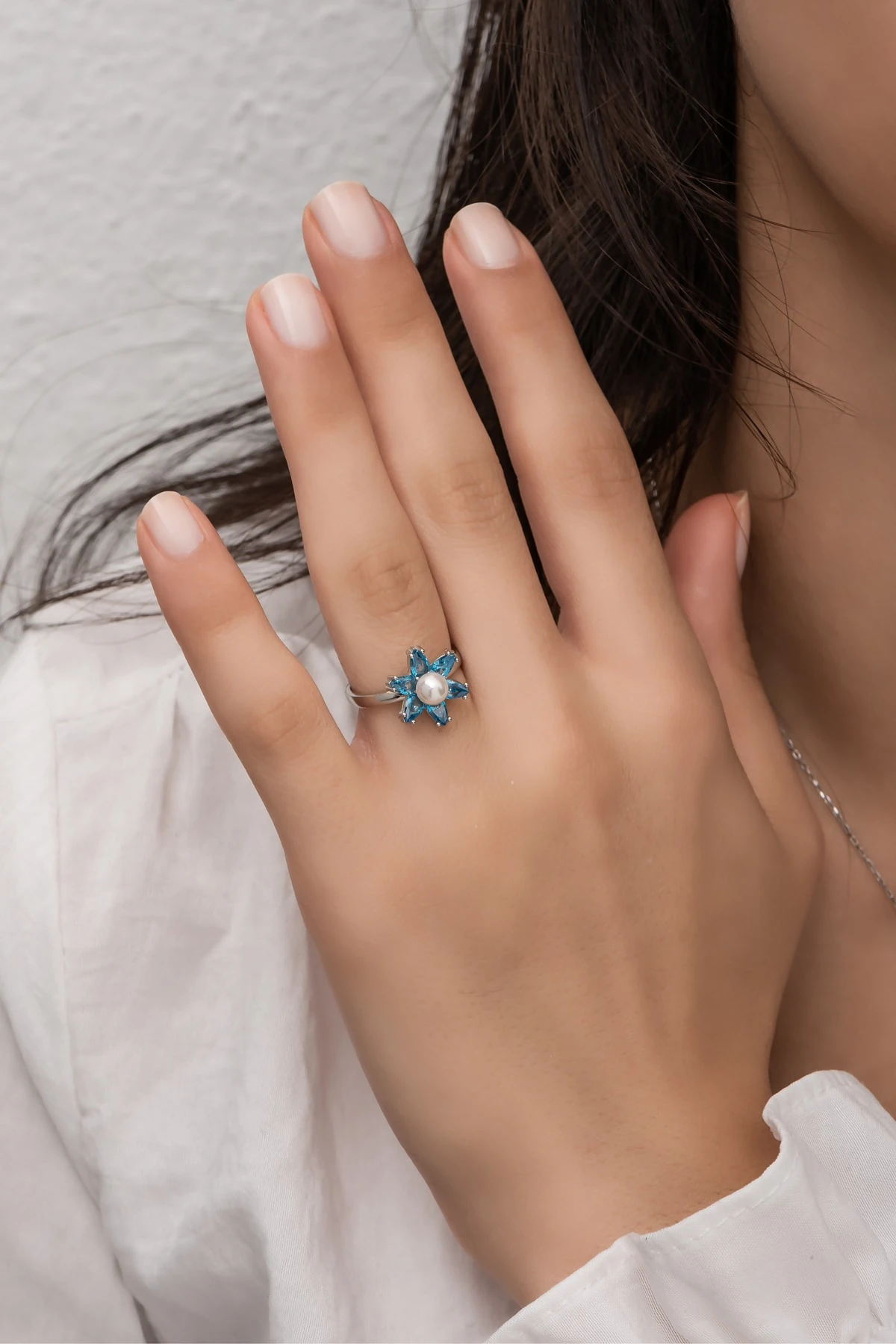 Incili Lotus Akuamarin Taşlı Rodaj Yüzük-925 Ayar Gümüş