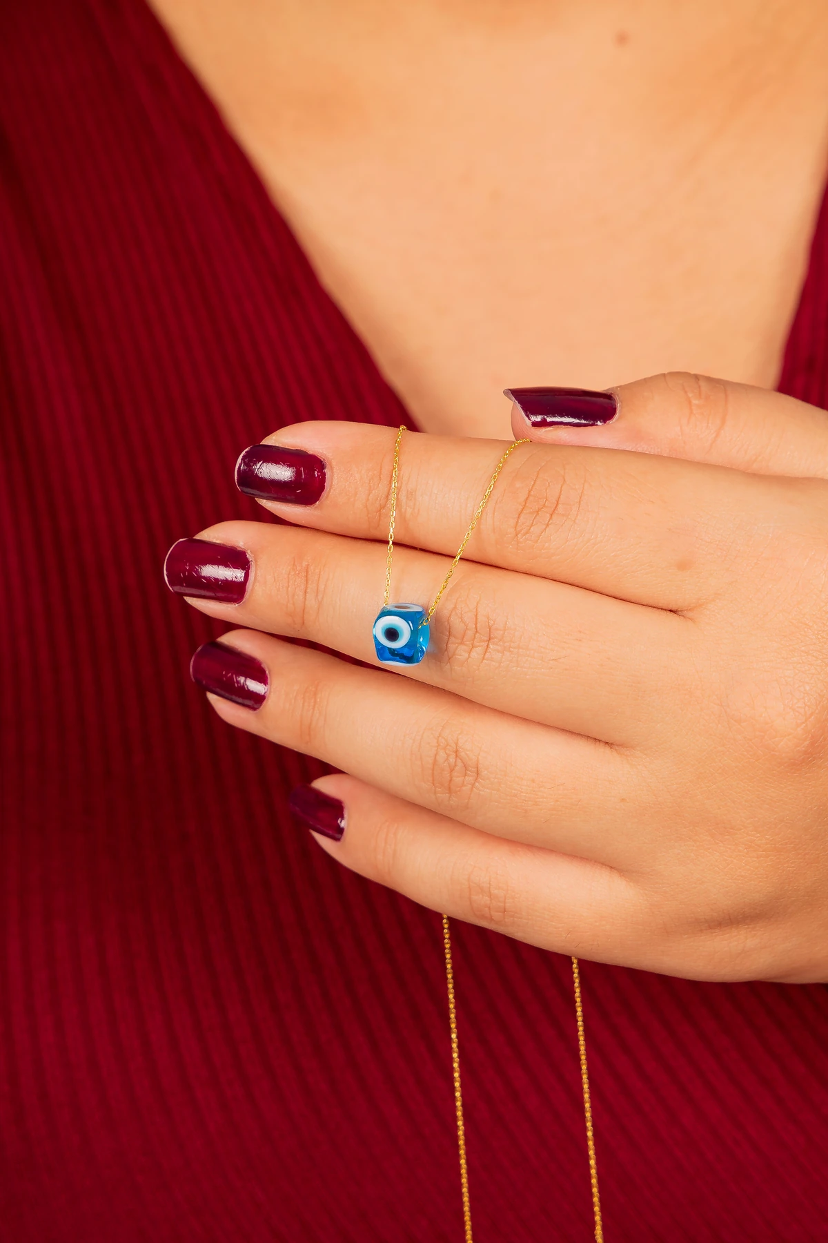 Gümüş El İşi Koyu Mavi Nazar Boncuklu Gold Kolye