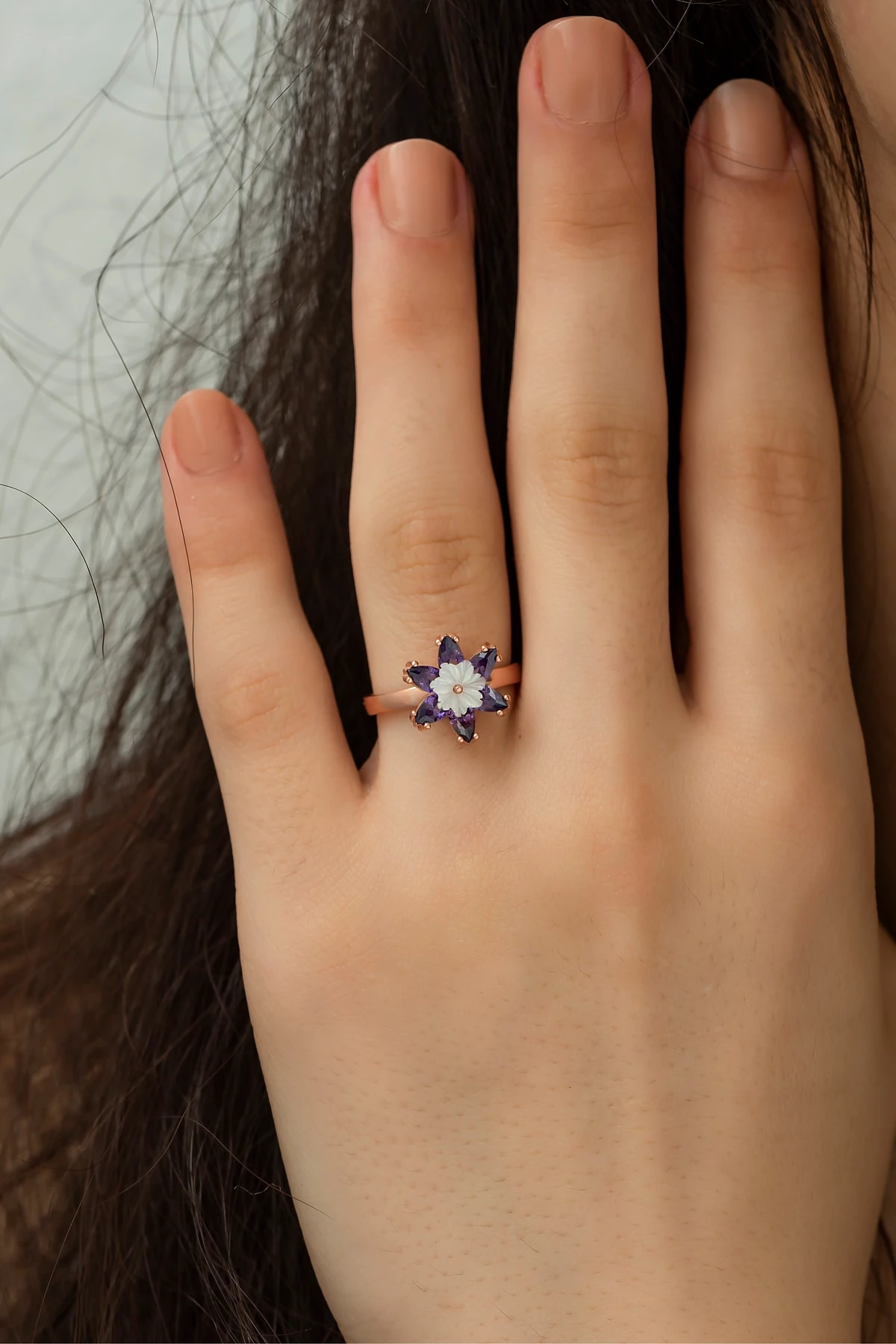 Ametist Taşlı Sedefli Lotus Çiçeği Yüzük 925 Ayar Gümüş