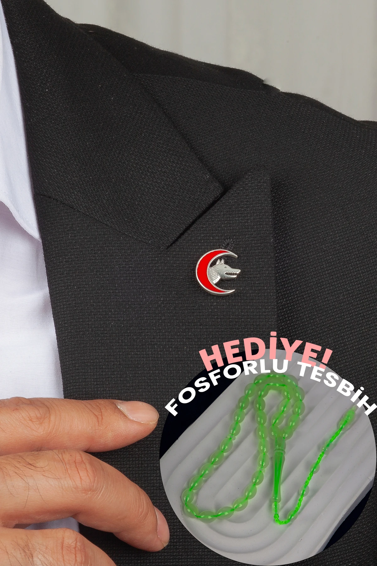 Gümüş 925 Ayar Hilal Kurt Figürlü Yaka Rozeti