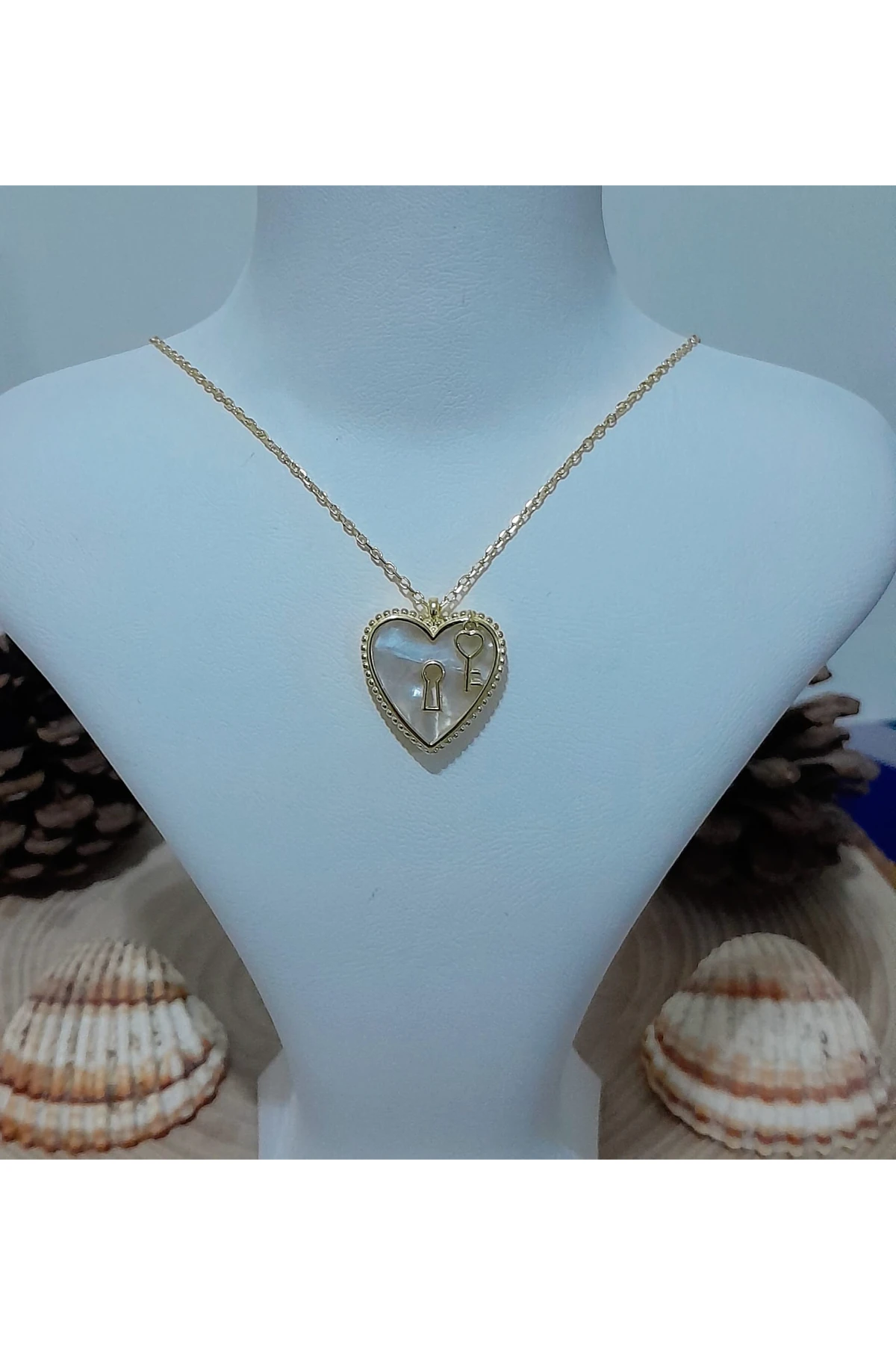 Gümüş Sedef Taşlı Gold Kalp Kolye Ve Anahtarı | Hediyelik Ve Notlu Ürün