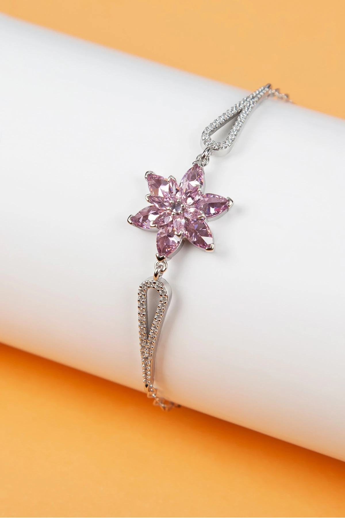 Pembe Taşlı Rodaj Lotus Çiçeği Bileklik-925 Ayar Gümüş