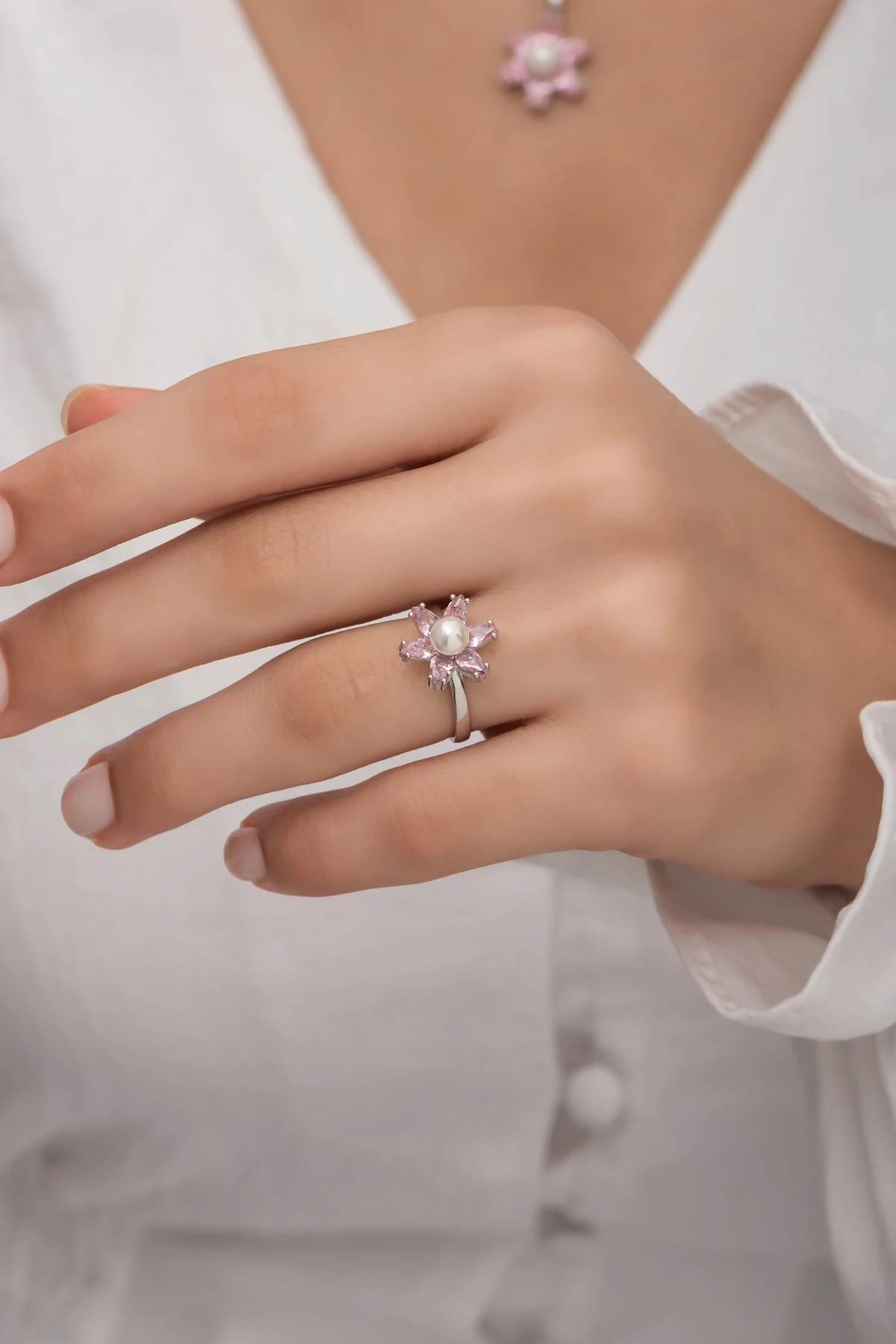 Incili Lotus Pembe Taşlı Rodaj Yüzük 925 Ayar Gümüş