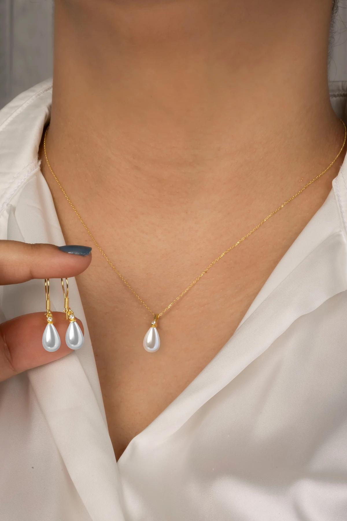 Gümüş Kadın Gold 2'li Set İnci Kolye Ve Anne Küpe 8x12 mm