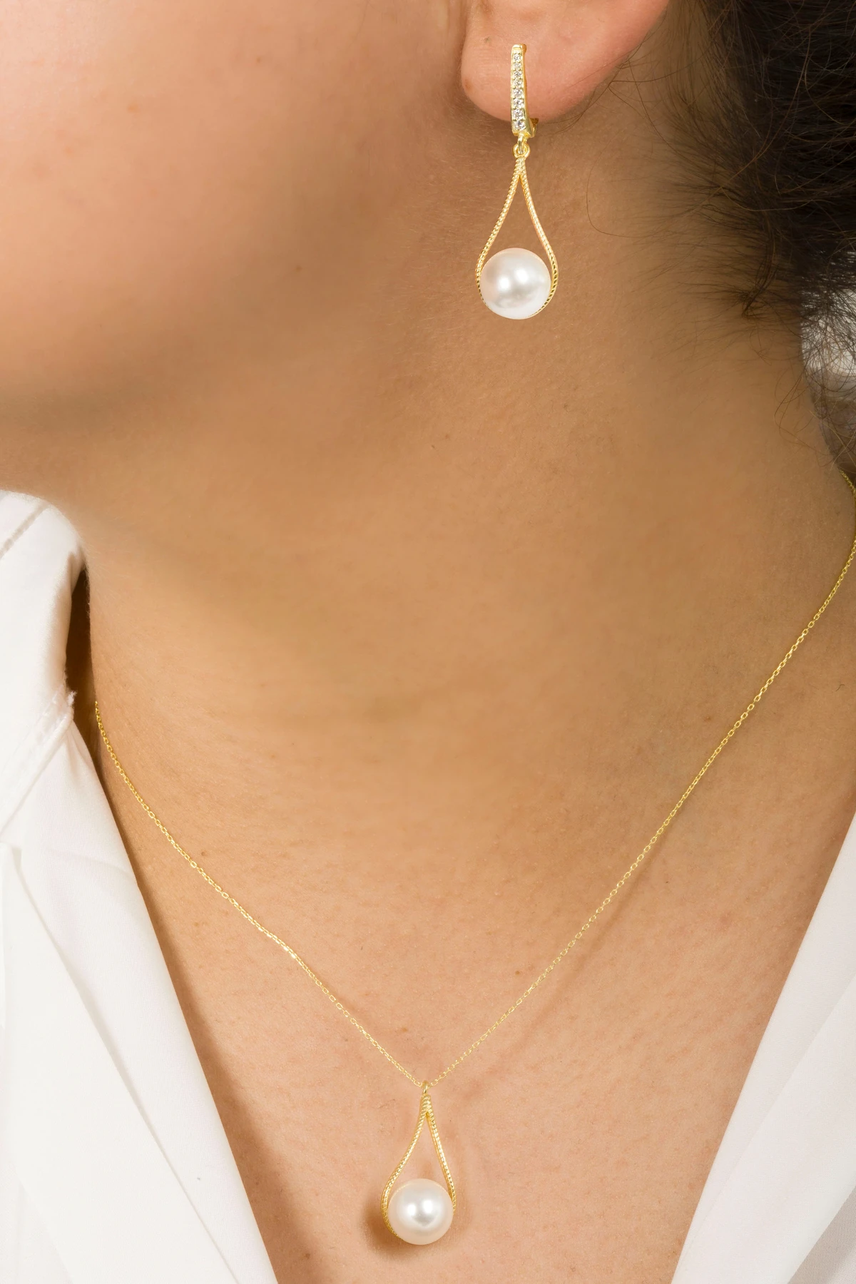 Kadın İnci Takı Seti Gold Kaplamalı 10mm - Gümüş Hediyelik Takım