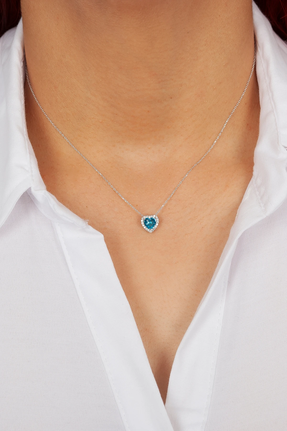 925 AYAR GÜMÜŞ RODAJ AKUAMARİN TAŞLI KALP KOLYE