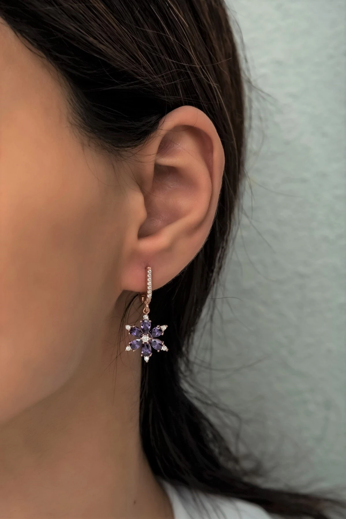 Ametist Taşlı Yıldız Çiçeği Küpe-925 Ayar Gümüş