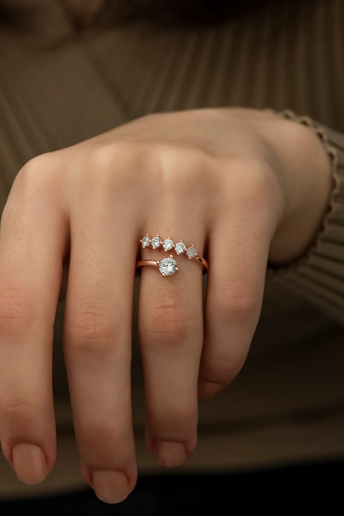 Zirkon Taşlı Tektaş Beştaş Ayarlanabilir Yüzük-925 Ayar Gümüş