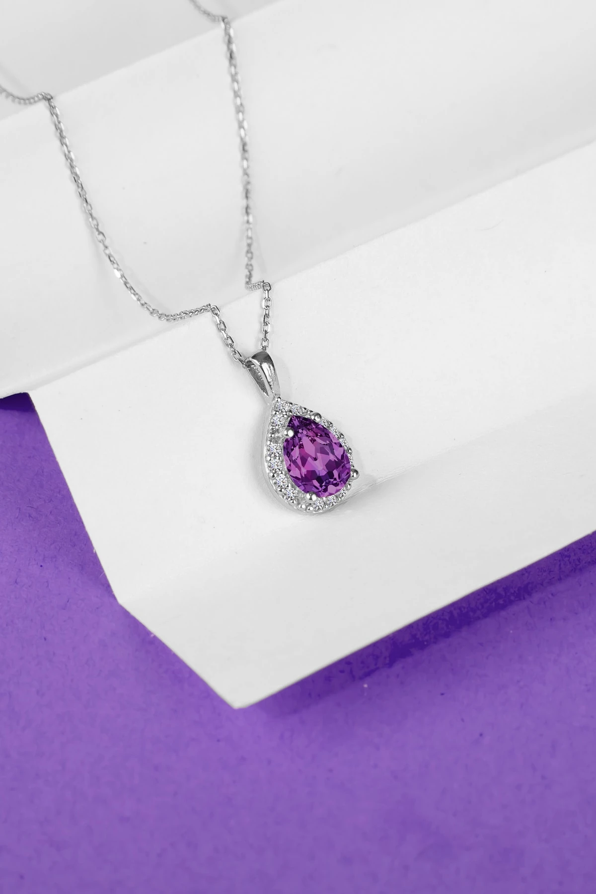 Ametist Damla Taşlı Rodaj Kolye-925 Ayar Gümüş