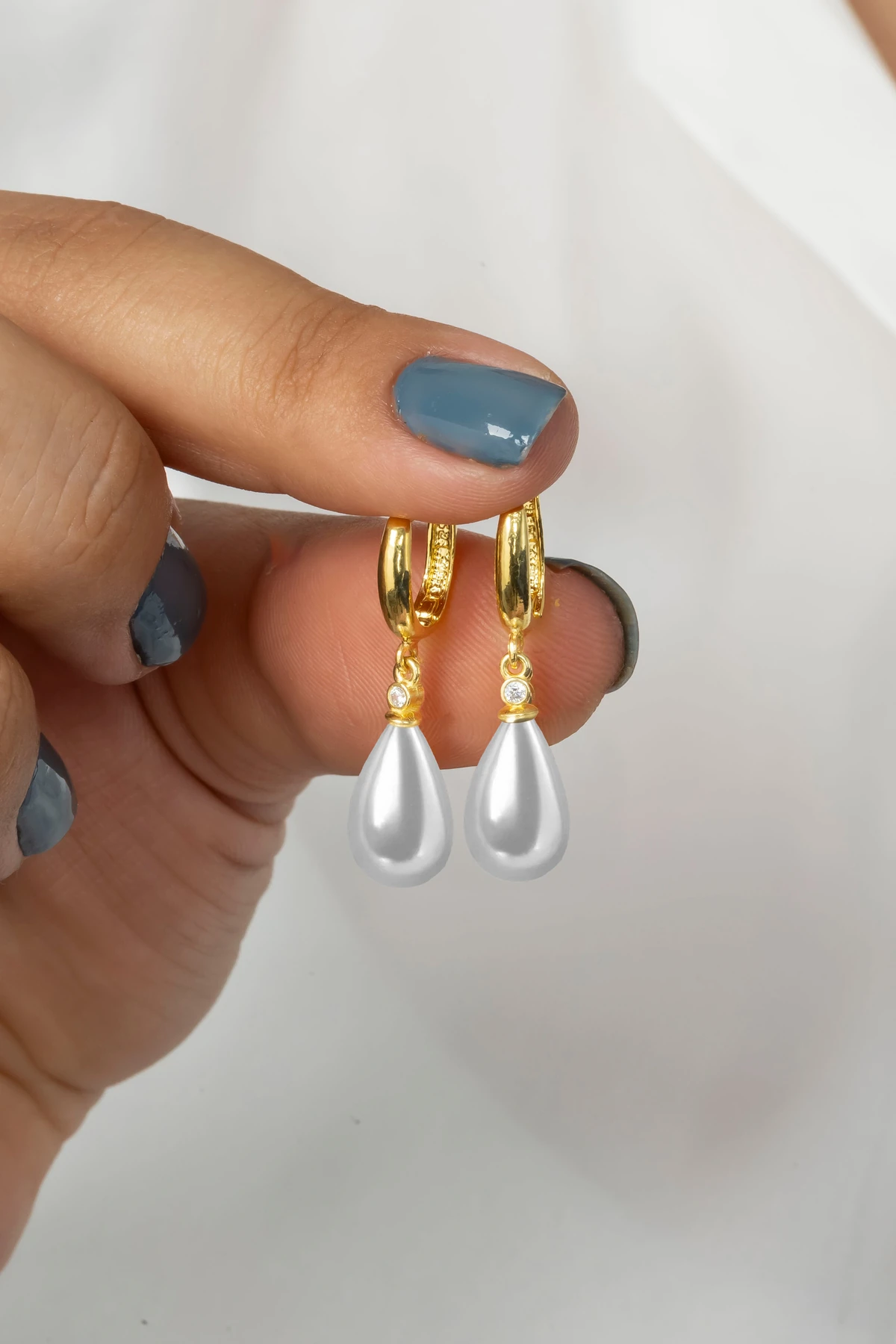 Gümüş Damla Model Kadın İnci Gold Halka Küpe 8x12 mm