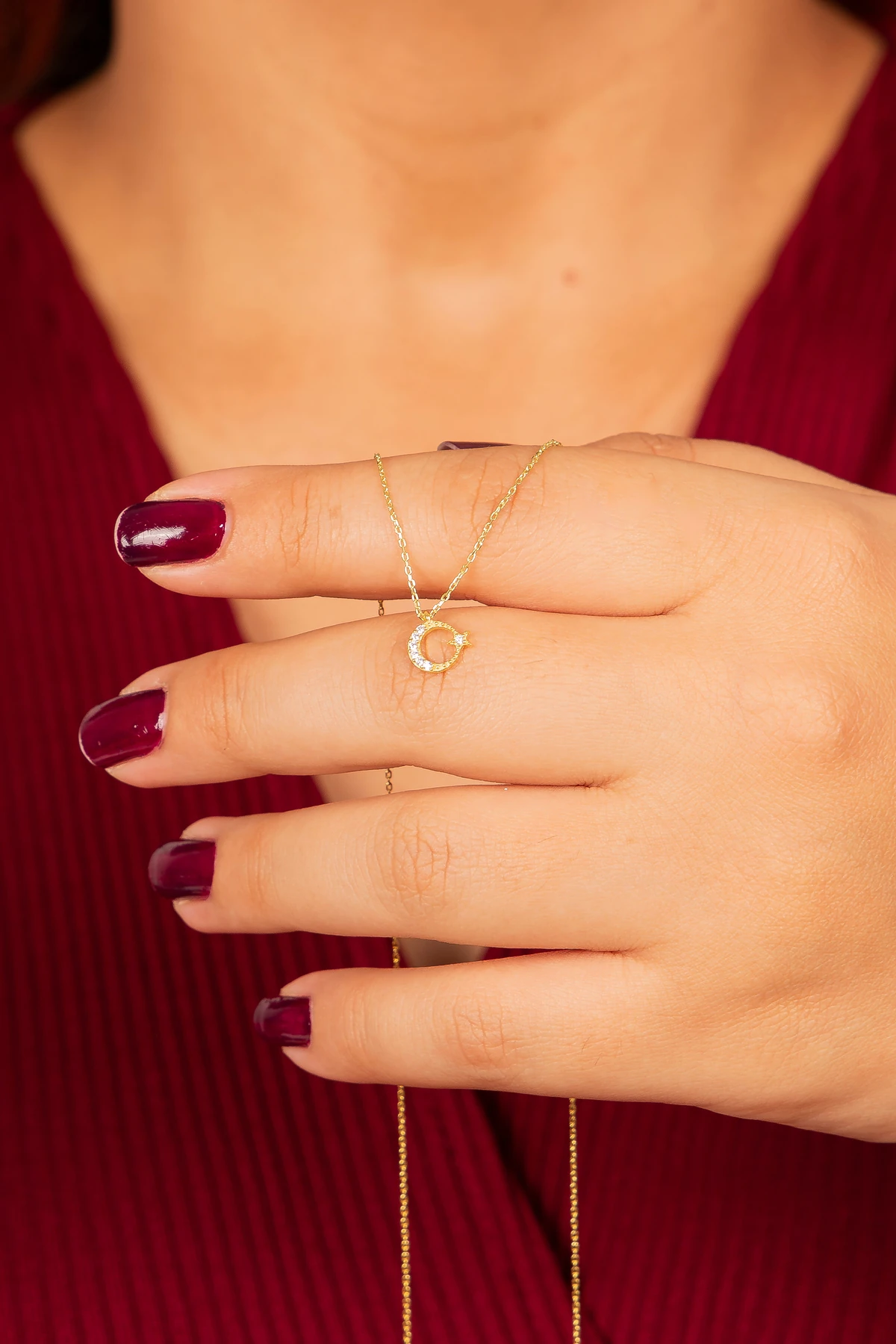 Gümüş Zirkon Taşlı Minimal Ay Yıldız Gold Kolye