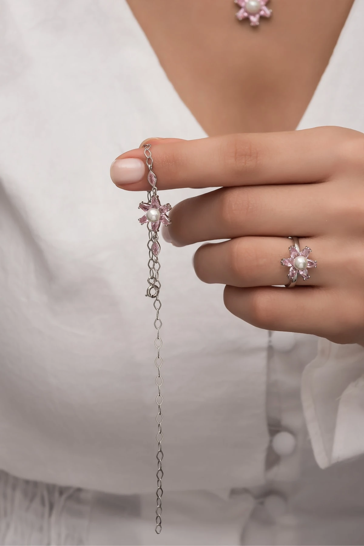 Incili Lotus Pembe Taşlı Rodaj Bileklik-925 Ayar Gümüş