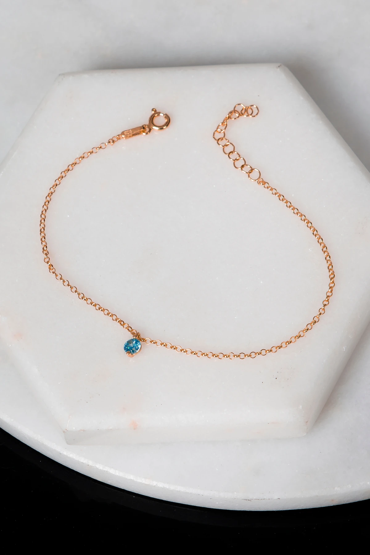 Gümüş Minimal Akuamarin Taşlı Rose Tek Taş Bileklik