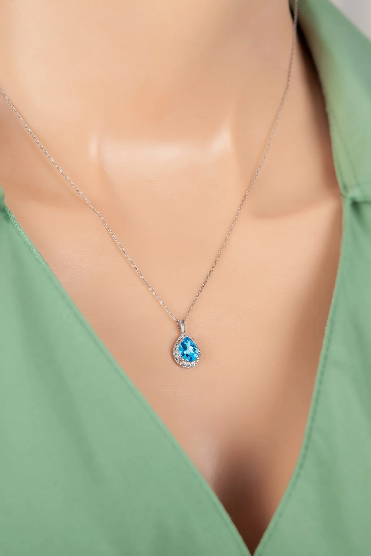 Akuamarin Damla Taşlı Rodaj Kolye-925 Ayar Gümüş