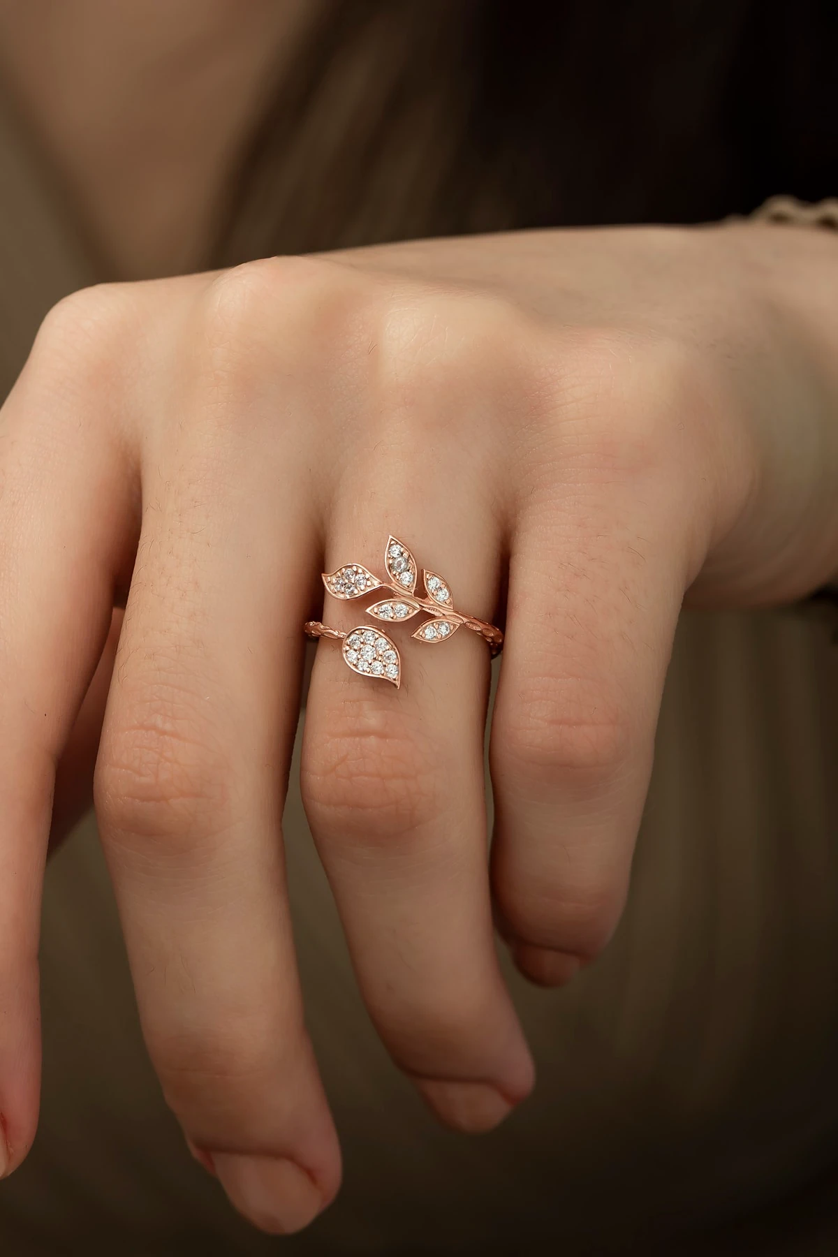 Zirkon Taşlı Yaprak Ayarlanabilir Yüzük-925 Ayar Gümüş