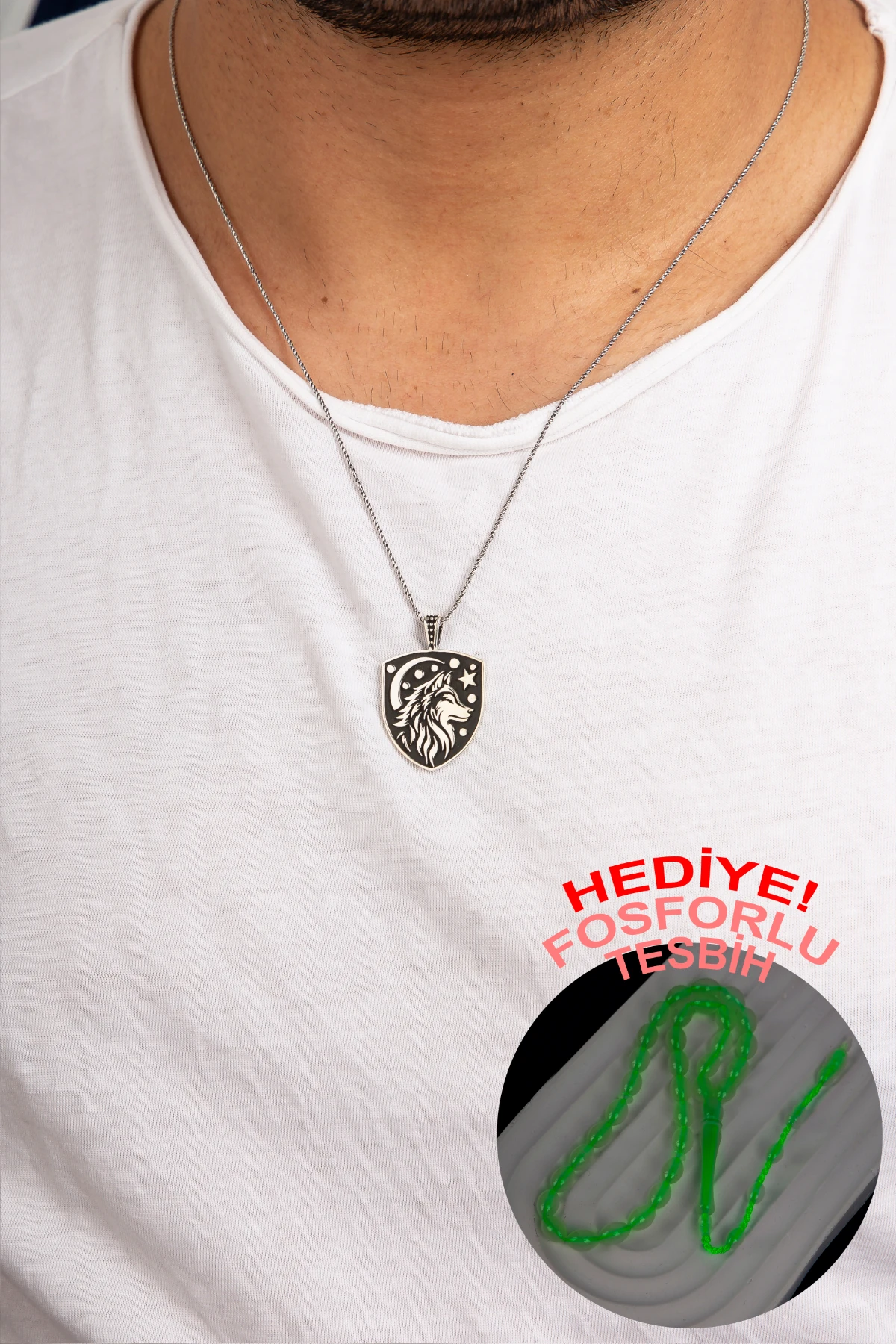 GÜMÜŞ KURT VE AY YILDIZ FİGÜRLÜ ERKEK KOLYE