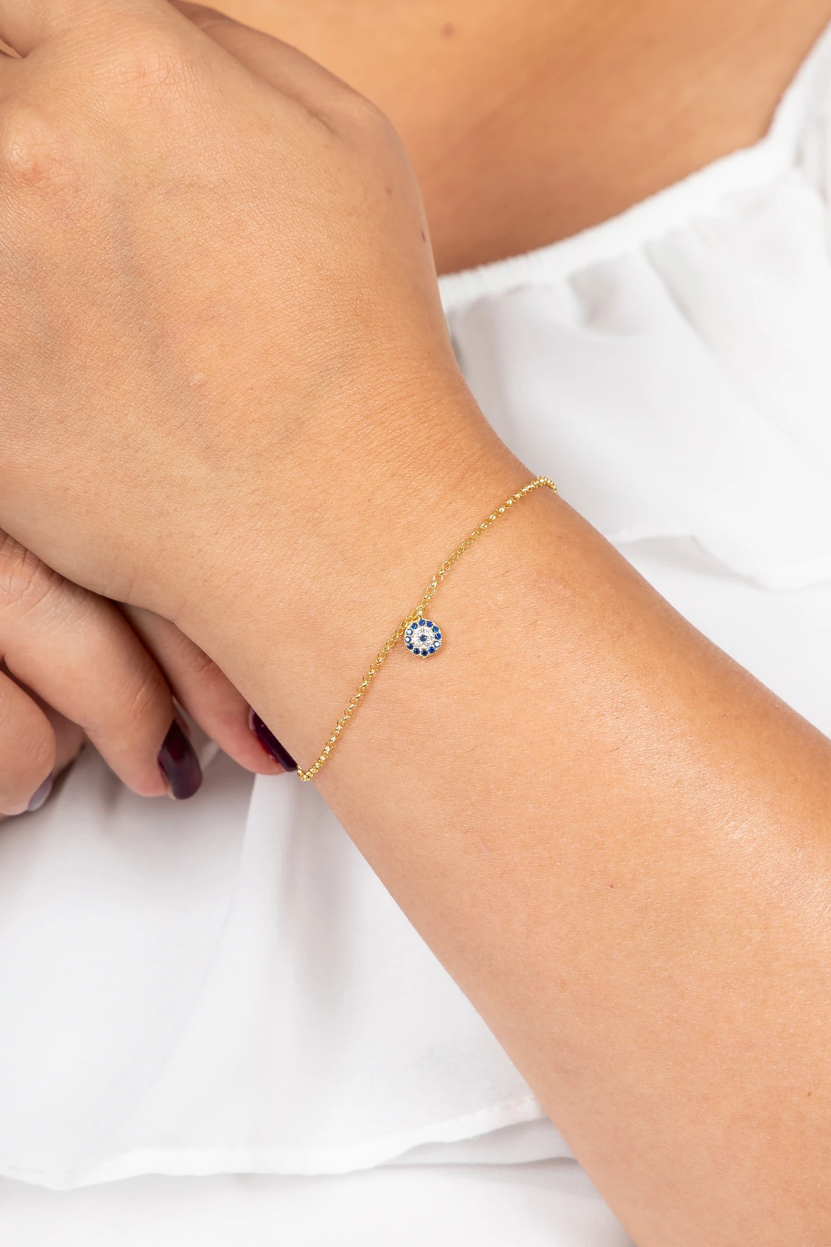 Gümüş Minimal Nazar Boncuğu Gold Bileklik