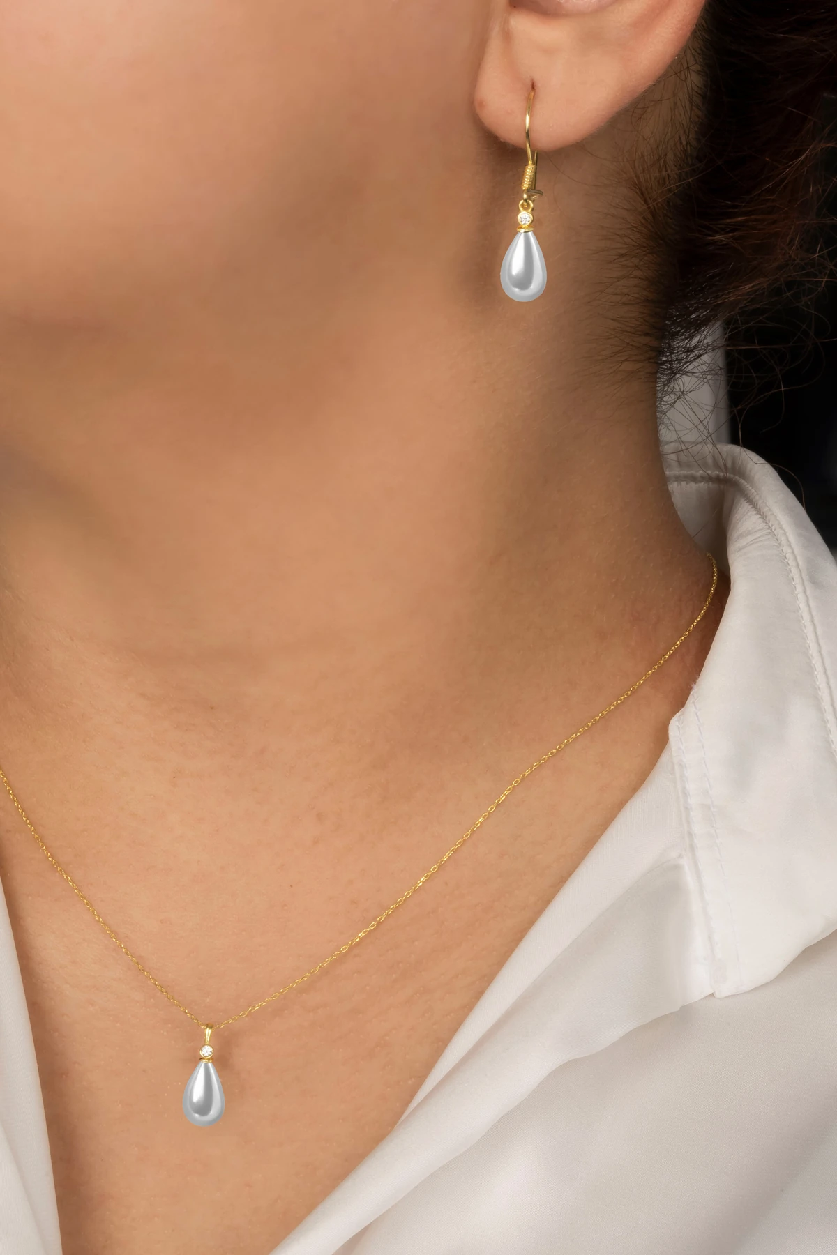 Gümüş Kadın Gold 2'li Set İnci Kolye Ve Anne Küpe 8x12 mm