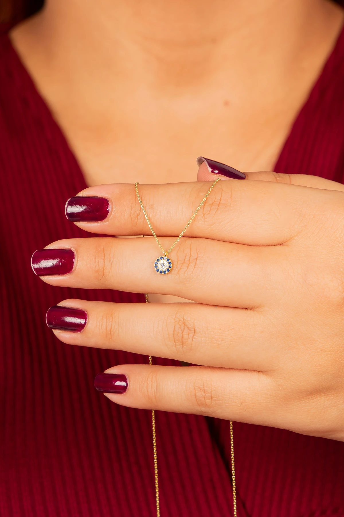 Gümüş Zirkon Taşlı Minimal Nazar Boncuğu Gold Kolye