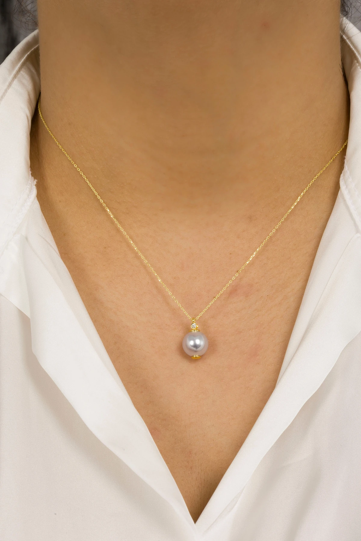 925 Ayar Gümüş Buz Mavi İnci Taşlı Gold Kaplamalı Kadın Kolye 10mm - Zarif Tasarım