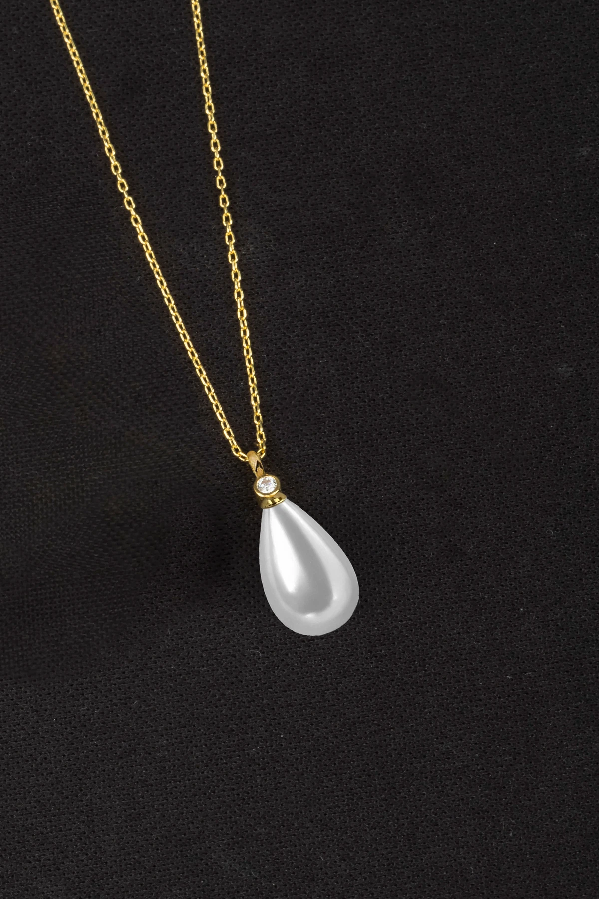 Gümüş Damla Model Kadın İnci Gold Kolye 8x12 mm