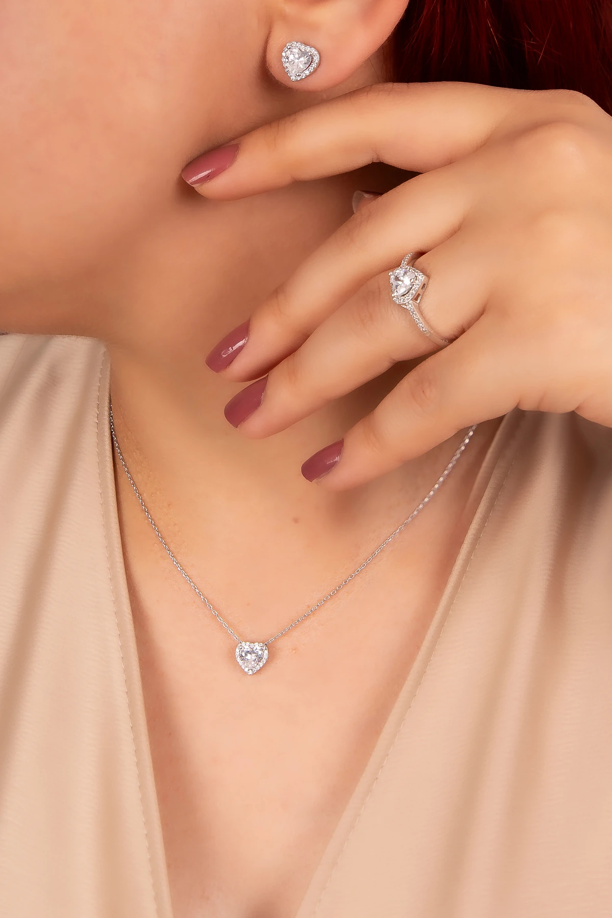 Gümüş Kalp Model Beyaz Taşlı Rodaj 3'lü Set