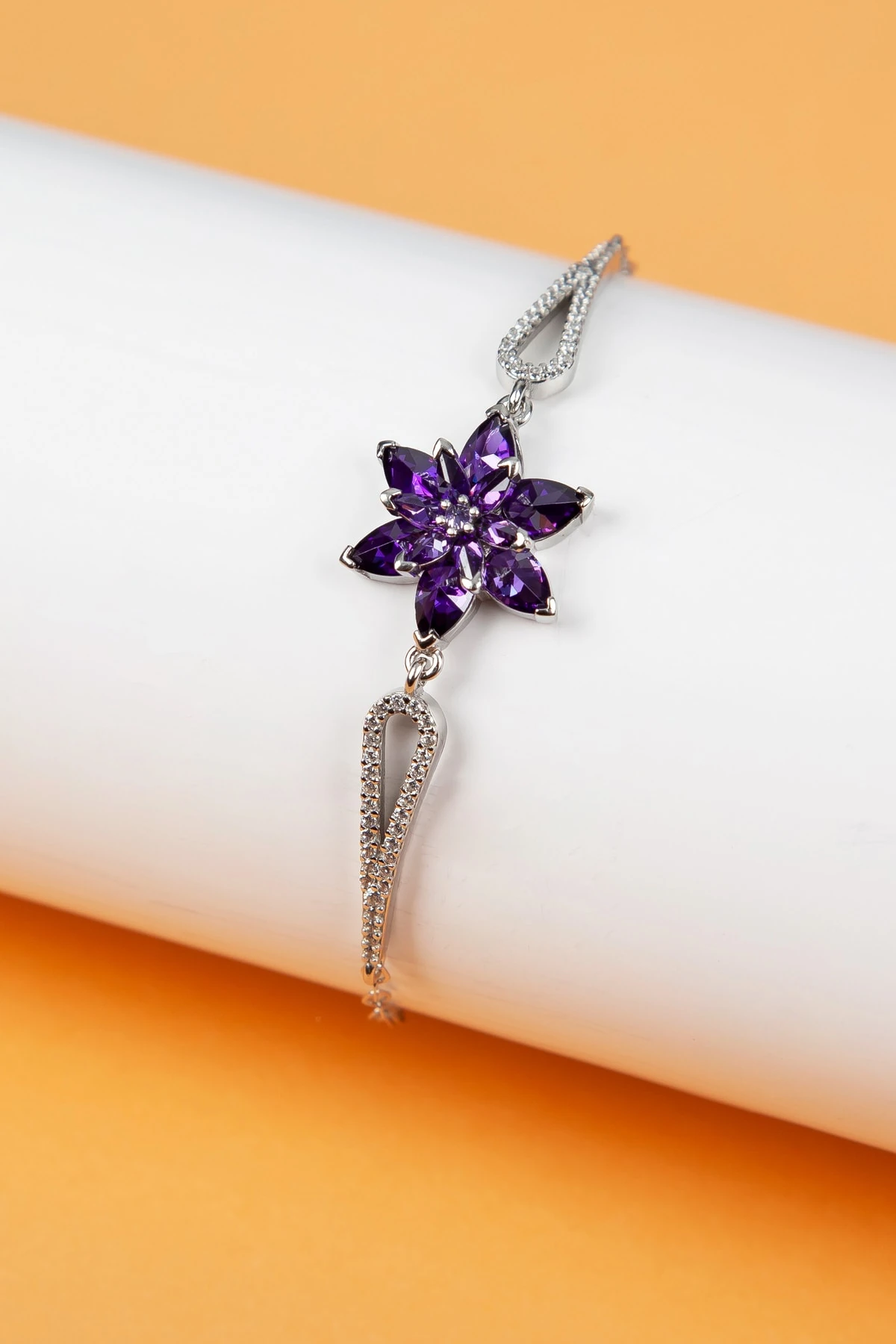 Ametist Taşlı Rodaj Lotus Çiçeği Bileklik-925 Ayar Gümüş